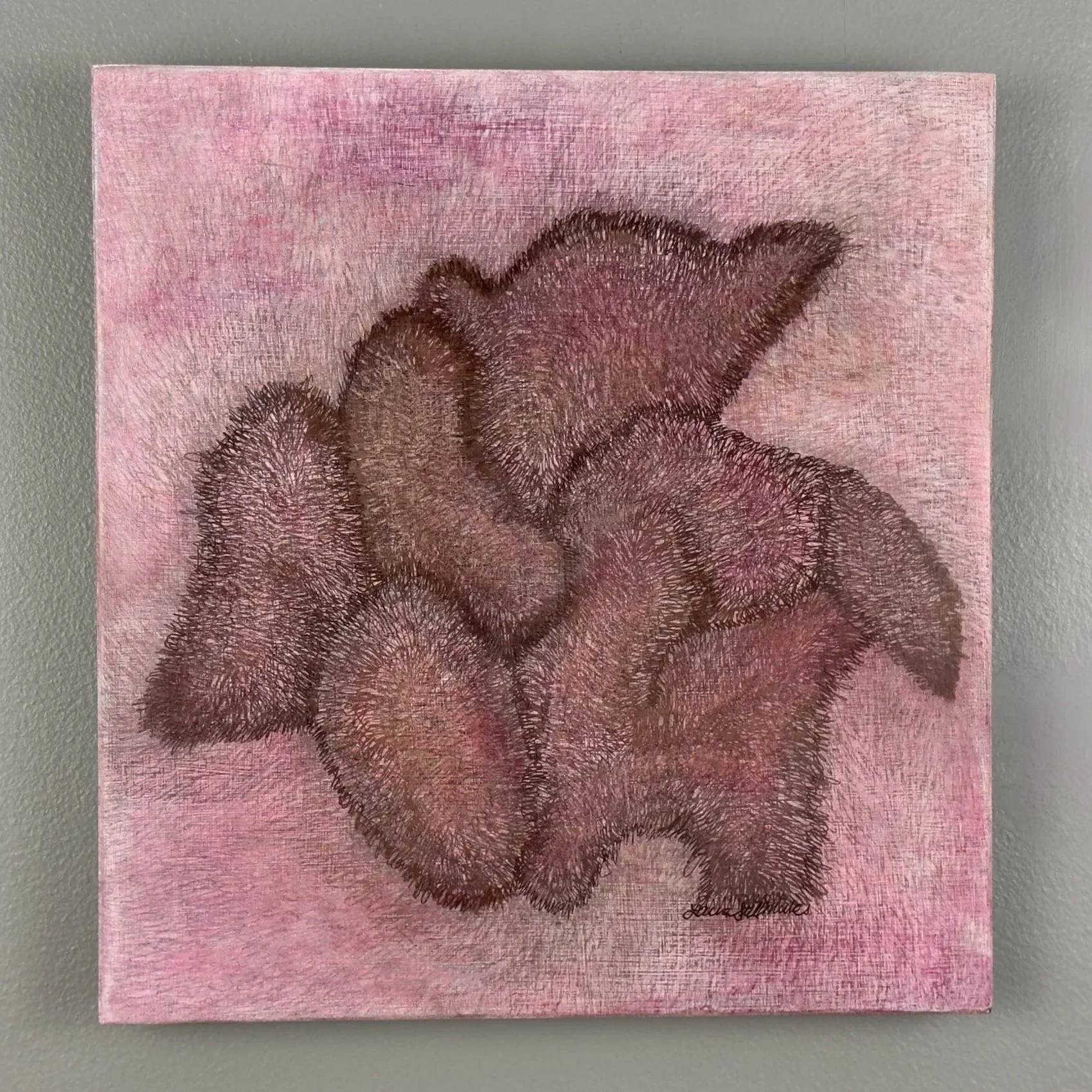 Abstract art in square shape created using colored pen and pencil of brown and pink journaling to create shapes