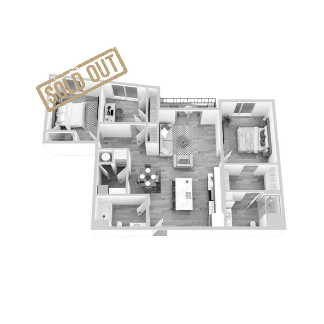 3D floor plan of an apartment with two bedrooms, two bathrooms, a living room, kitchen, dining area, balcony, and office space.