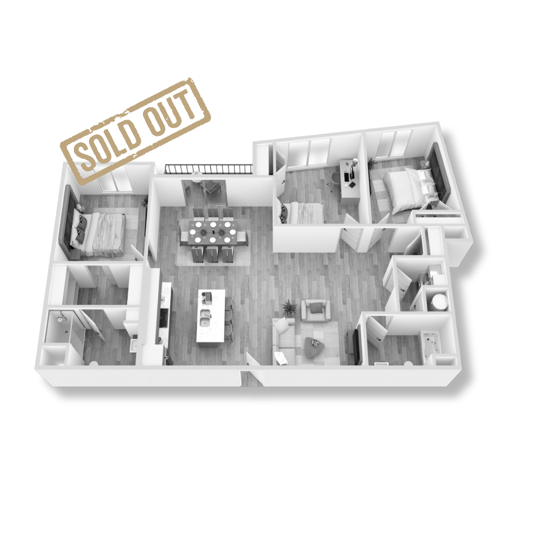3D floor plan of a modern apartment with two bedrooms, a living room, dining area, kitchen island, bathroom, and balcony.