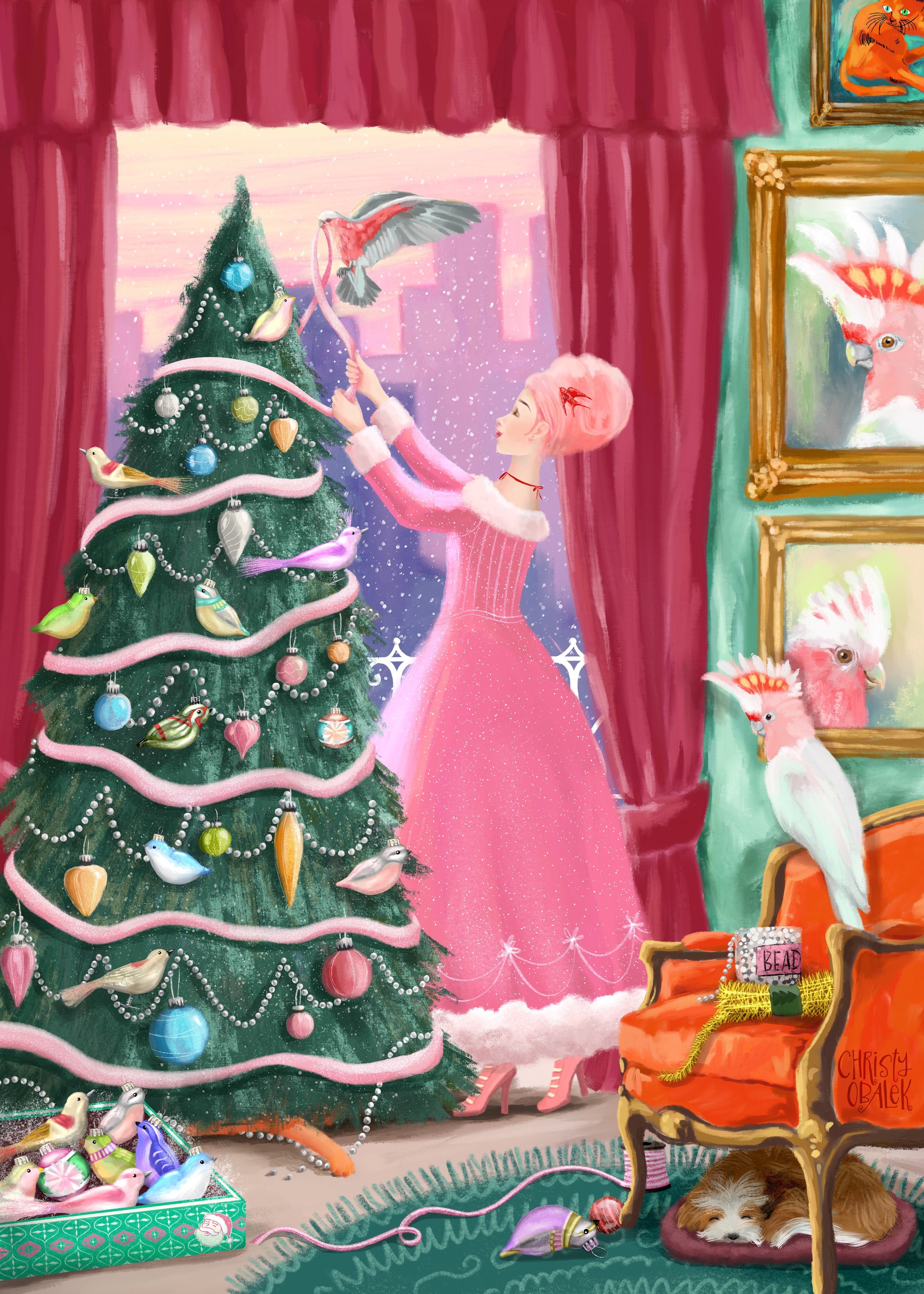 Woman with pink hair and dress trimming Christmas tree with birds, cat and dog