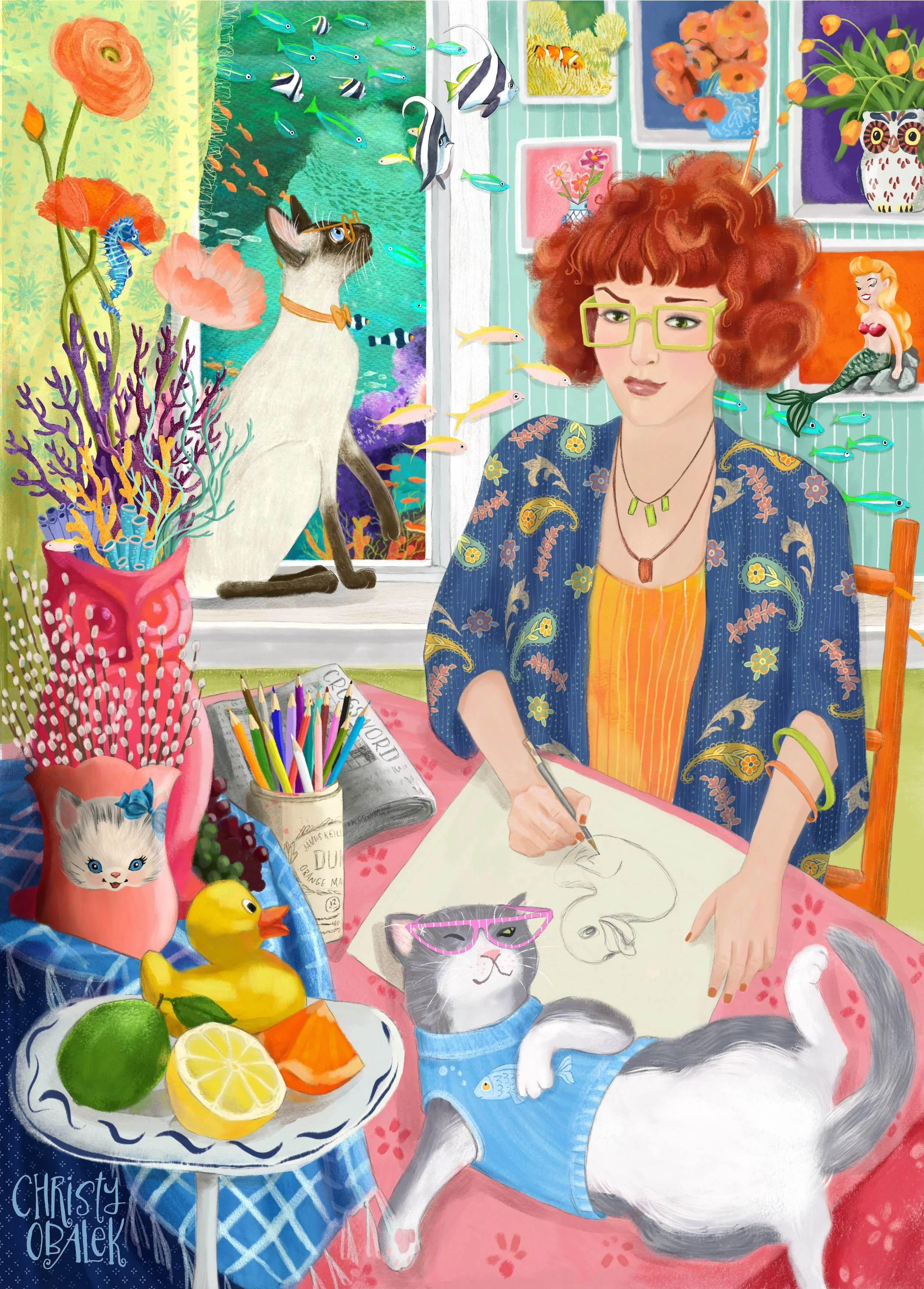 "The Artist" - still life illustration with fish, cats, coral and kitsch