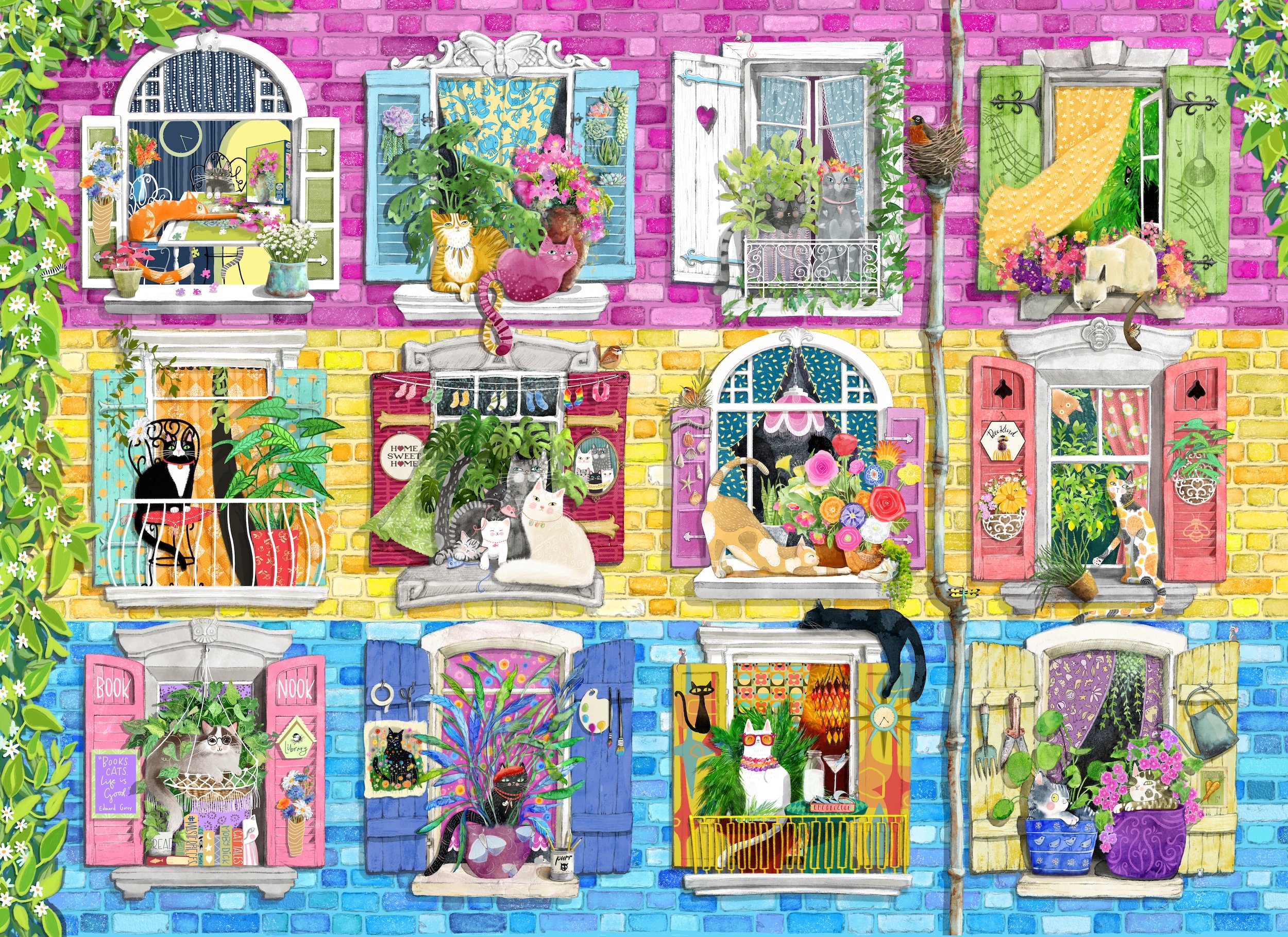 An assortment of cats on apartment balconies