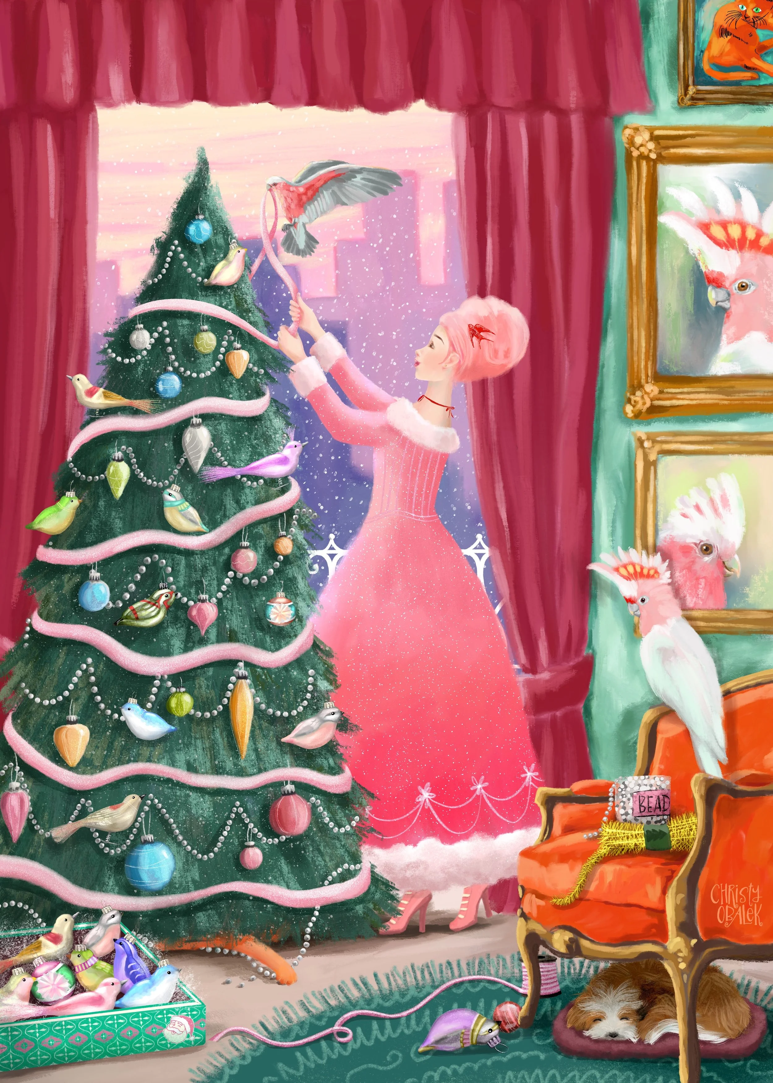 Woman with pink hair and dress trimming Christmas tree with birds, cat and dog