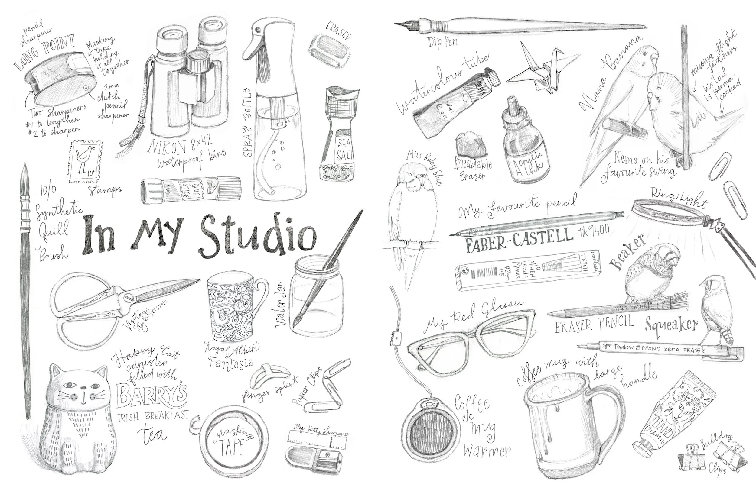Pencil art supplies and lettering drawings
