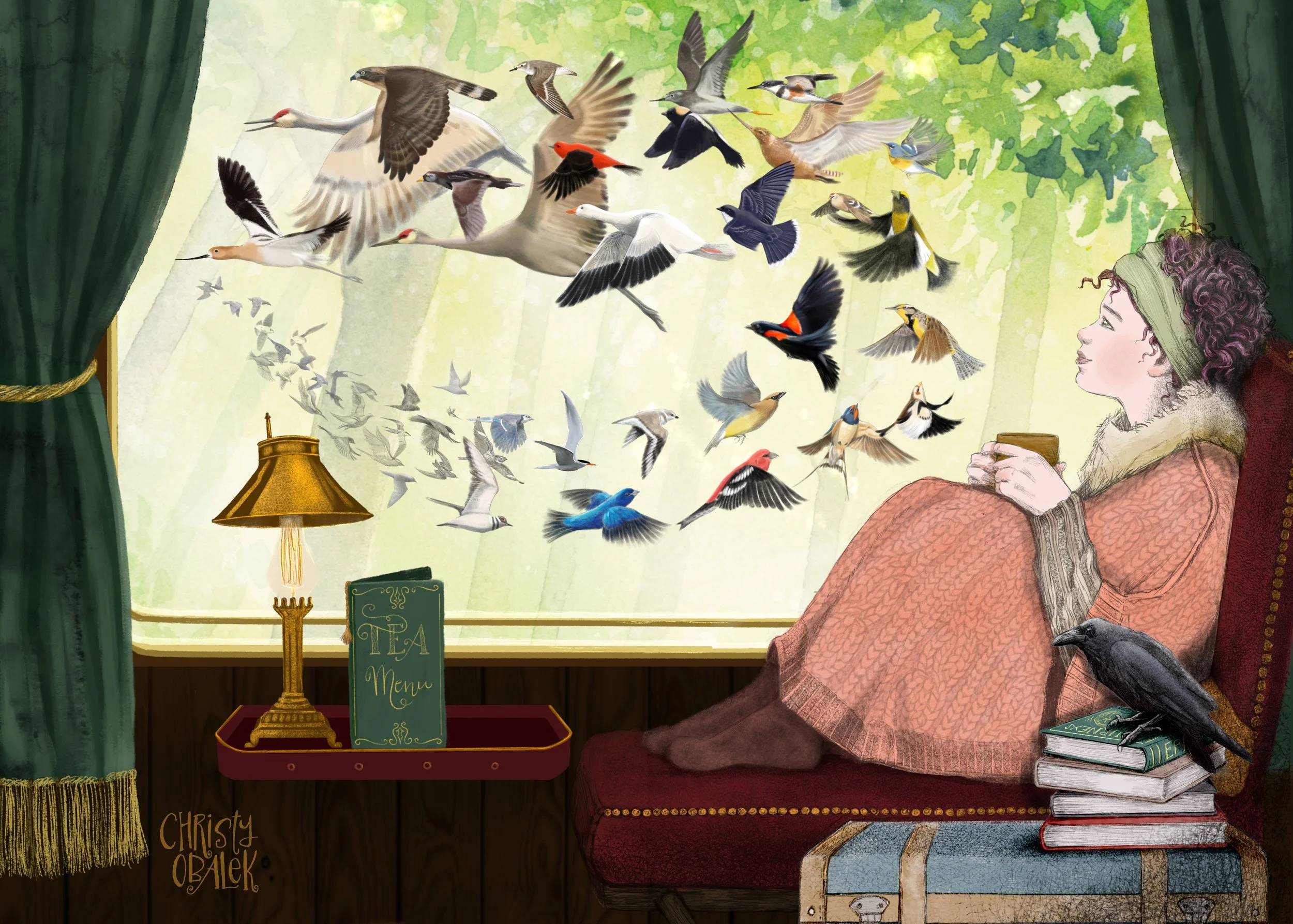 "Migrations" Vintage train car and migrating birds illustration