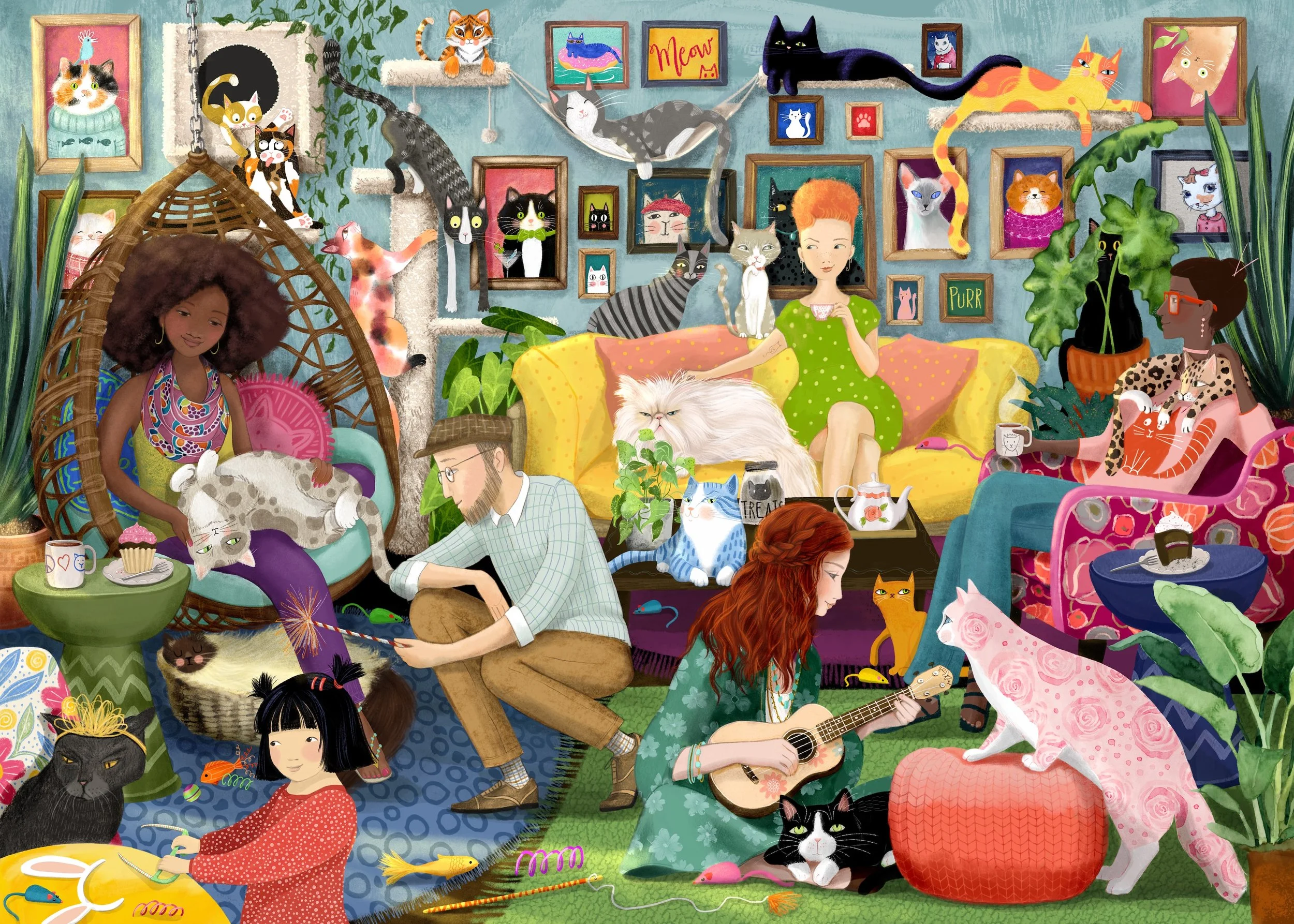 Cat Café illustration. A cozy scene with cats and coffee