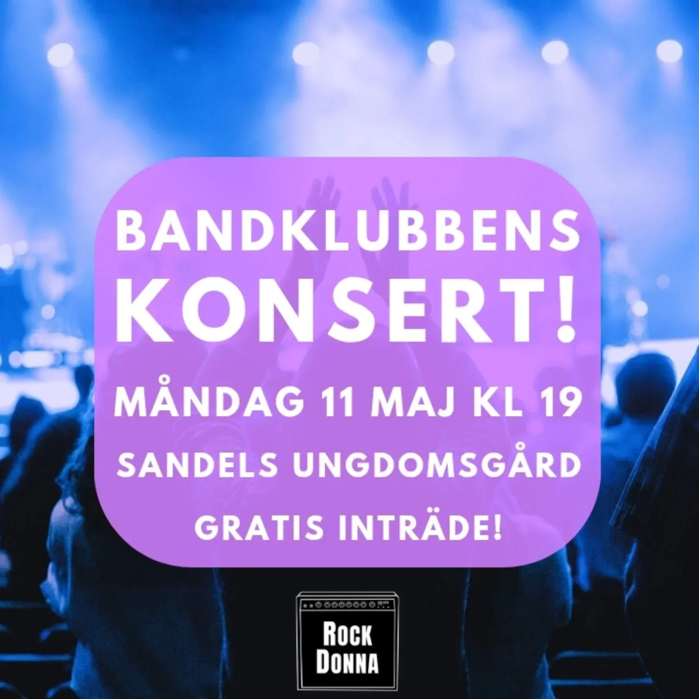 V&auml;lkomna till bandklubbens konsert i Helsingfors! 🎤🎸🥁💜

Tid: M&aring;ndag 11.5.2026 kl 19.00! 
Plats: Sandels Ungdomsg&aring;rd, Helsingfors
Gratis intr&auml;de! 

#bandklubb #helsingfors #ungdomar #konsert