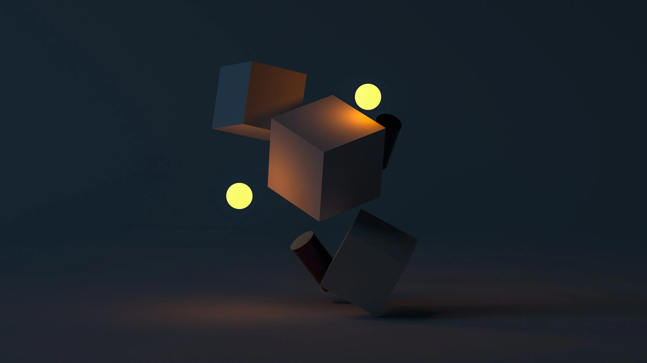 Abstract art with floating cubes and glowing spheres
