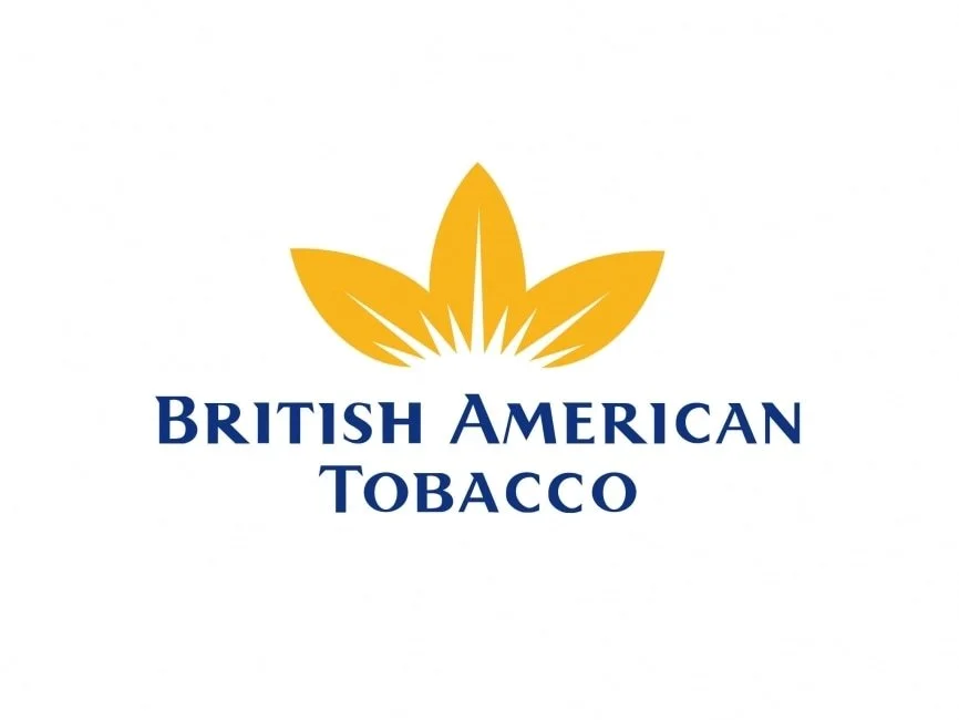 British American Tobacco logo featuring a yellow leaf design and the company name in blue text.
