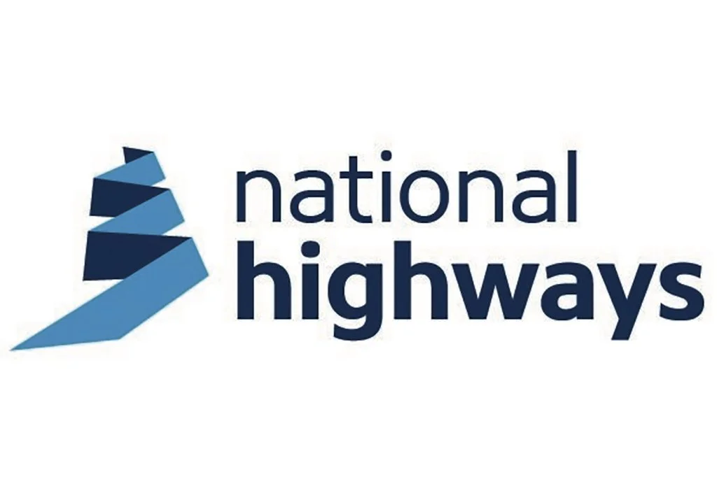 Logo with blue abstract shapes and text 'National Highways'.