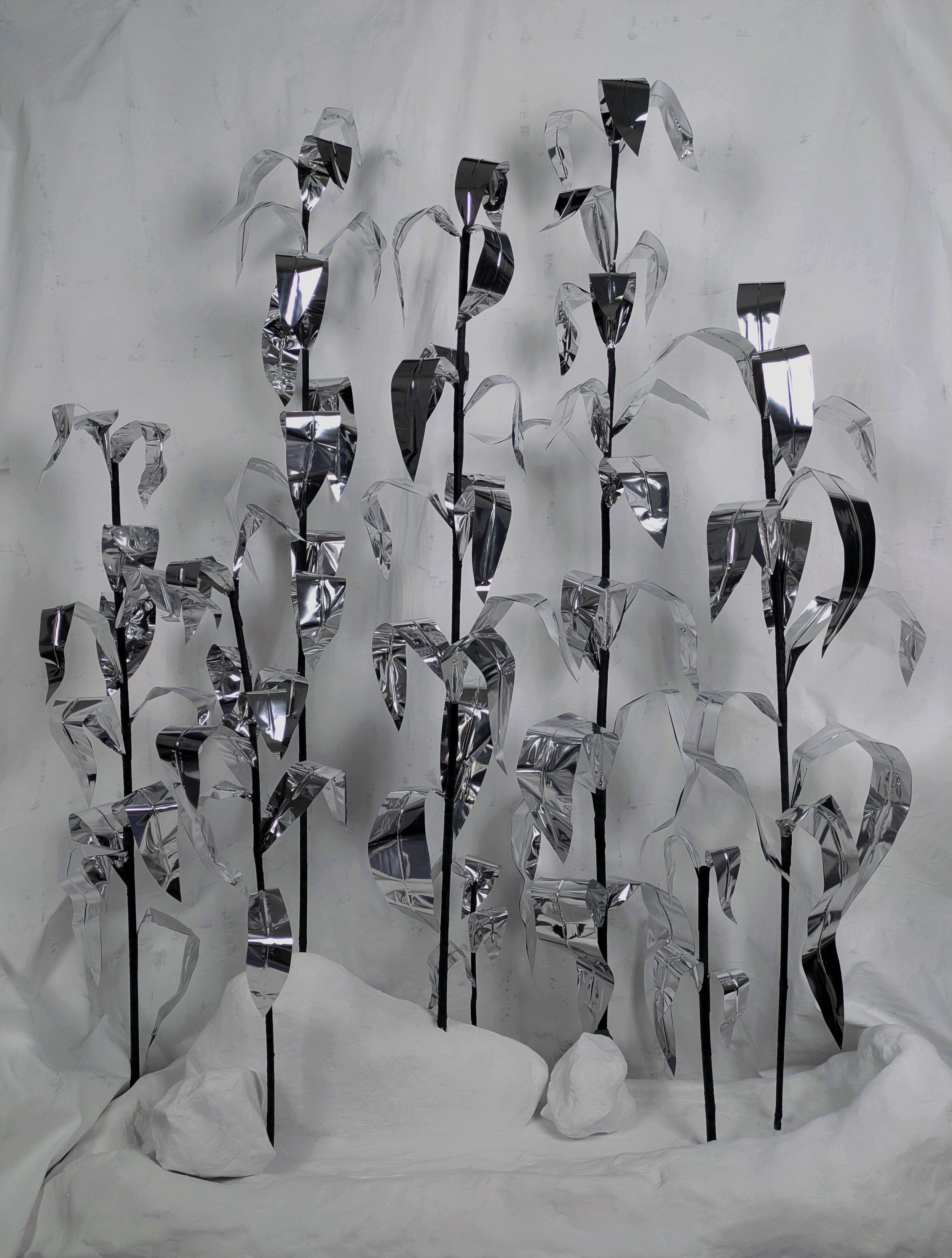 Art installation of metallic silver plants with black stems on white snowy ground against a white background.
