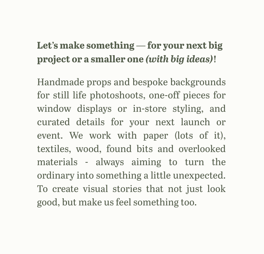 Text about creating handmade props and customized backgrounds for photo shoots, window displays, and events, emphasizing creativity and using various materials.