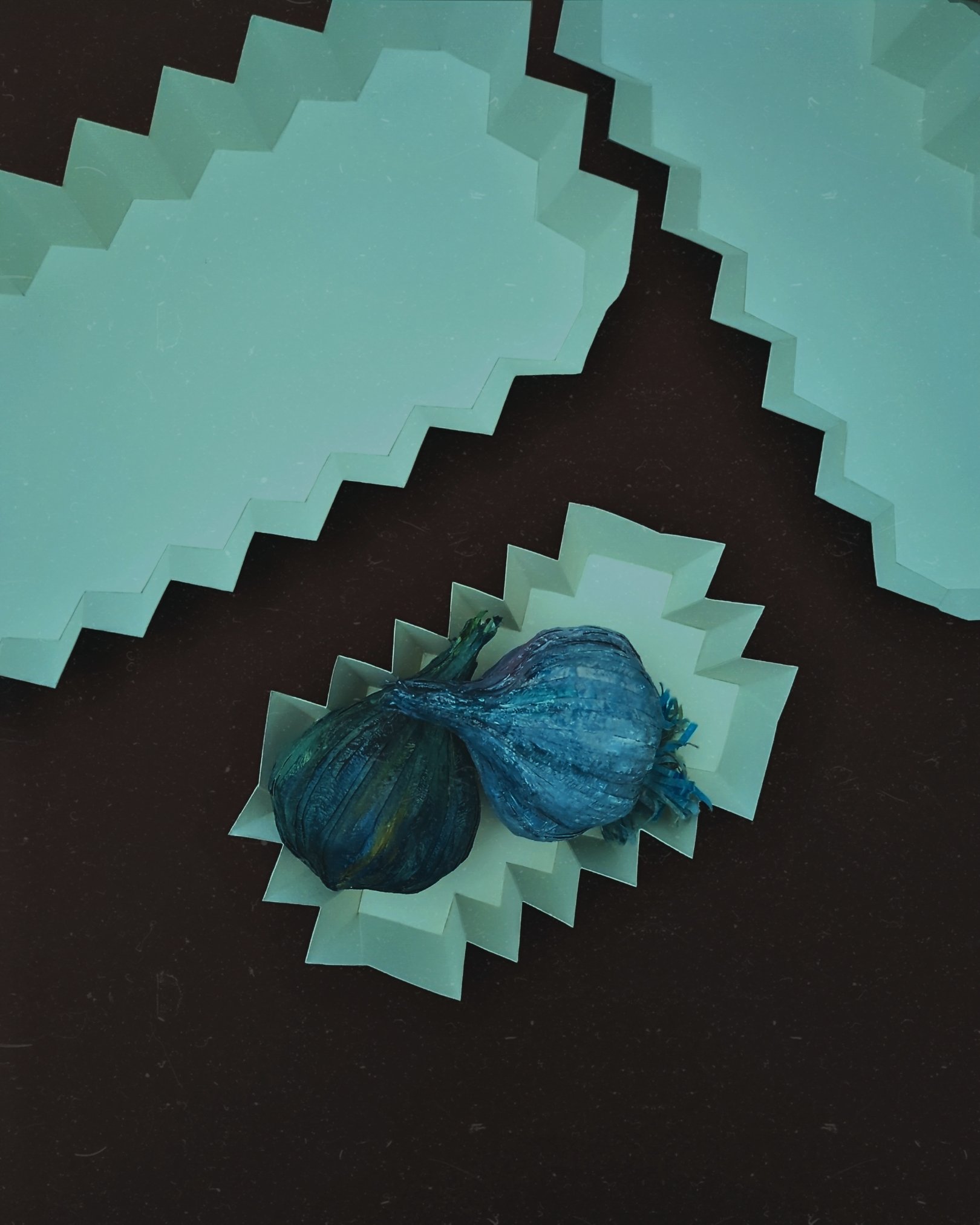 Two garlic bulbs painted blue resting on small pieces of white paper with zigzag edges on a black surface.