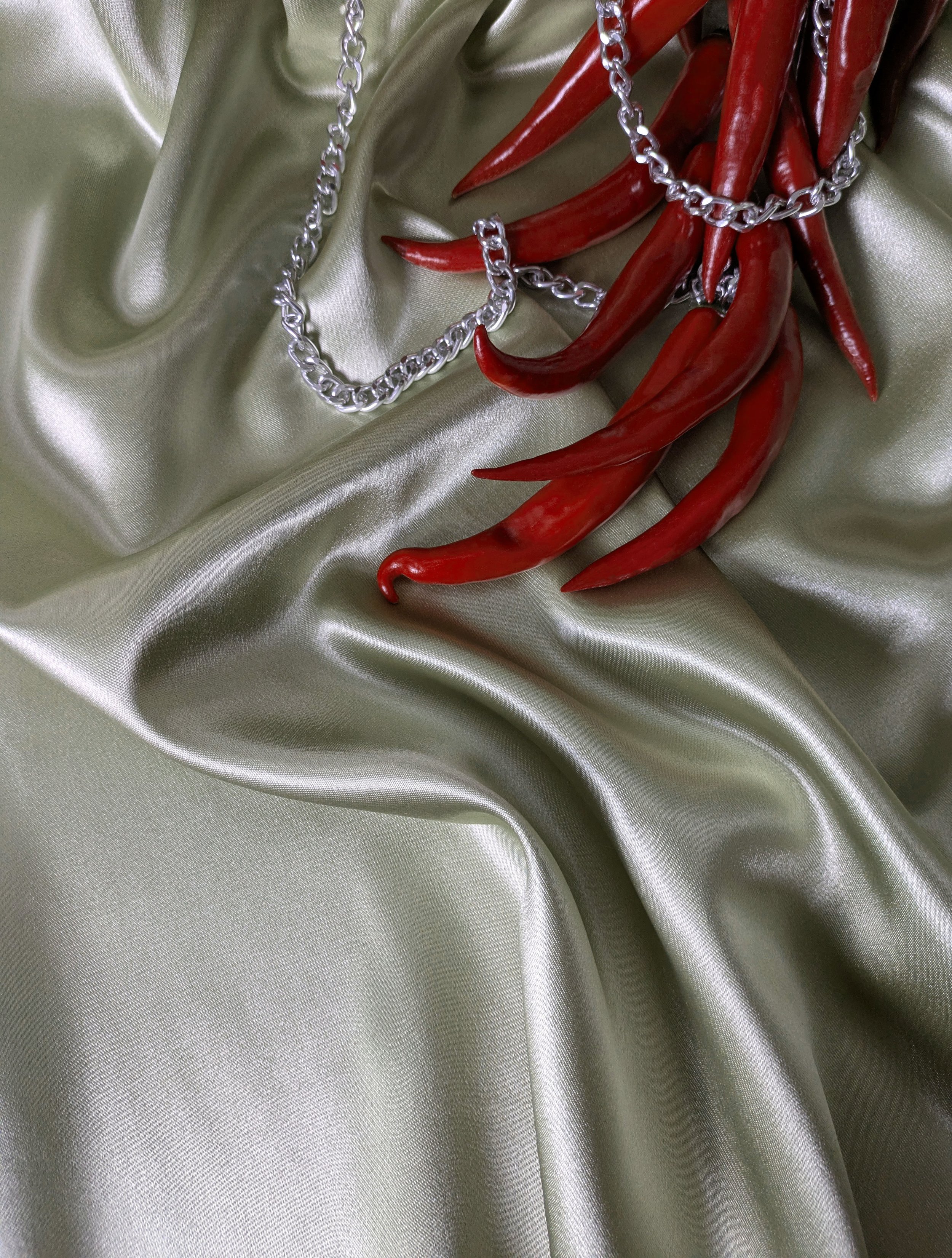 Red chili peppers and a silver chain necklace on a shiny satin fabric.