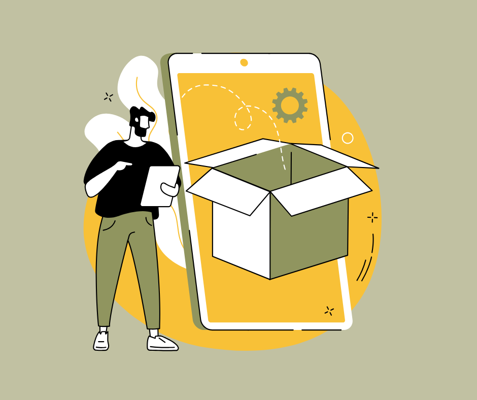 Illustration of a person in casual clothes holding a device, standing next to a large smartphone displaying an open box with a gear symbol on the screen.