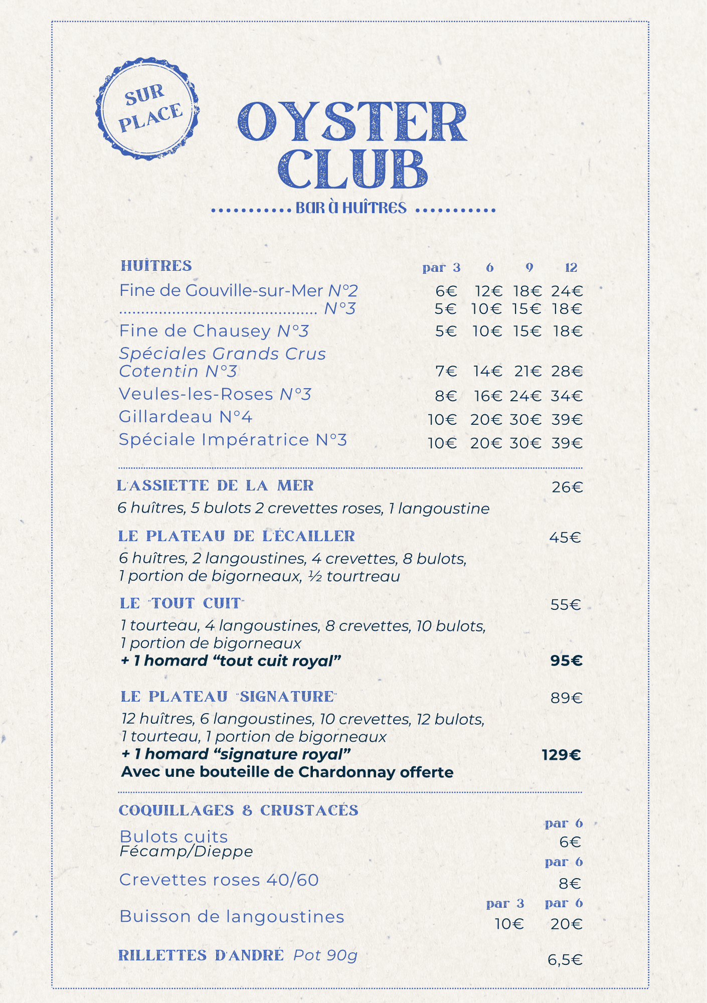 Menu Sur place Oyster Club à Etretat