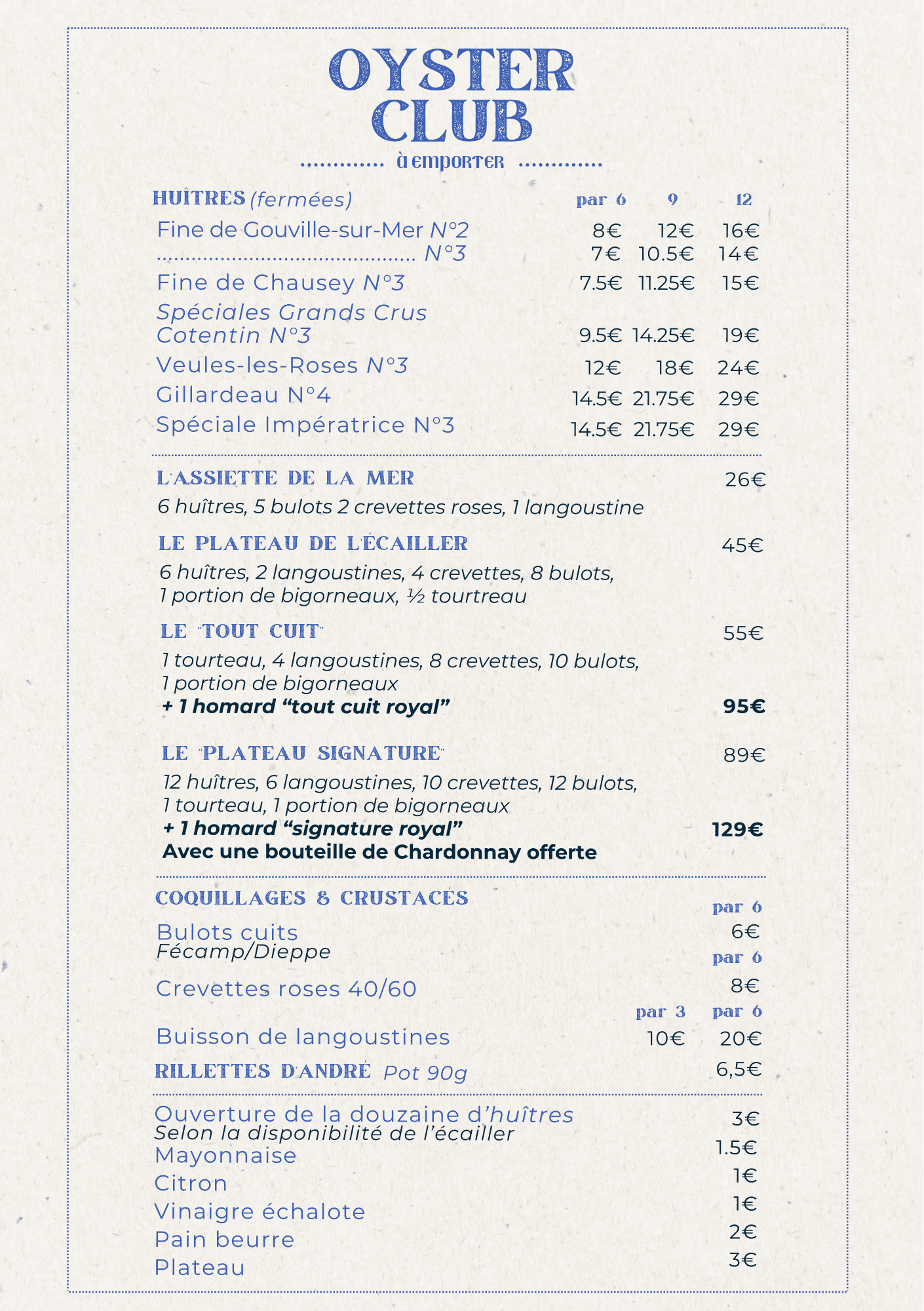 Menu à emporter Oyster Club à Etretat