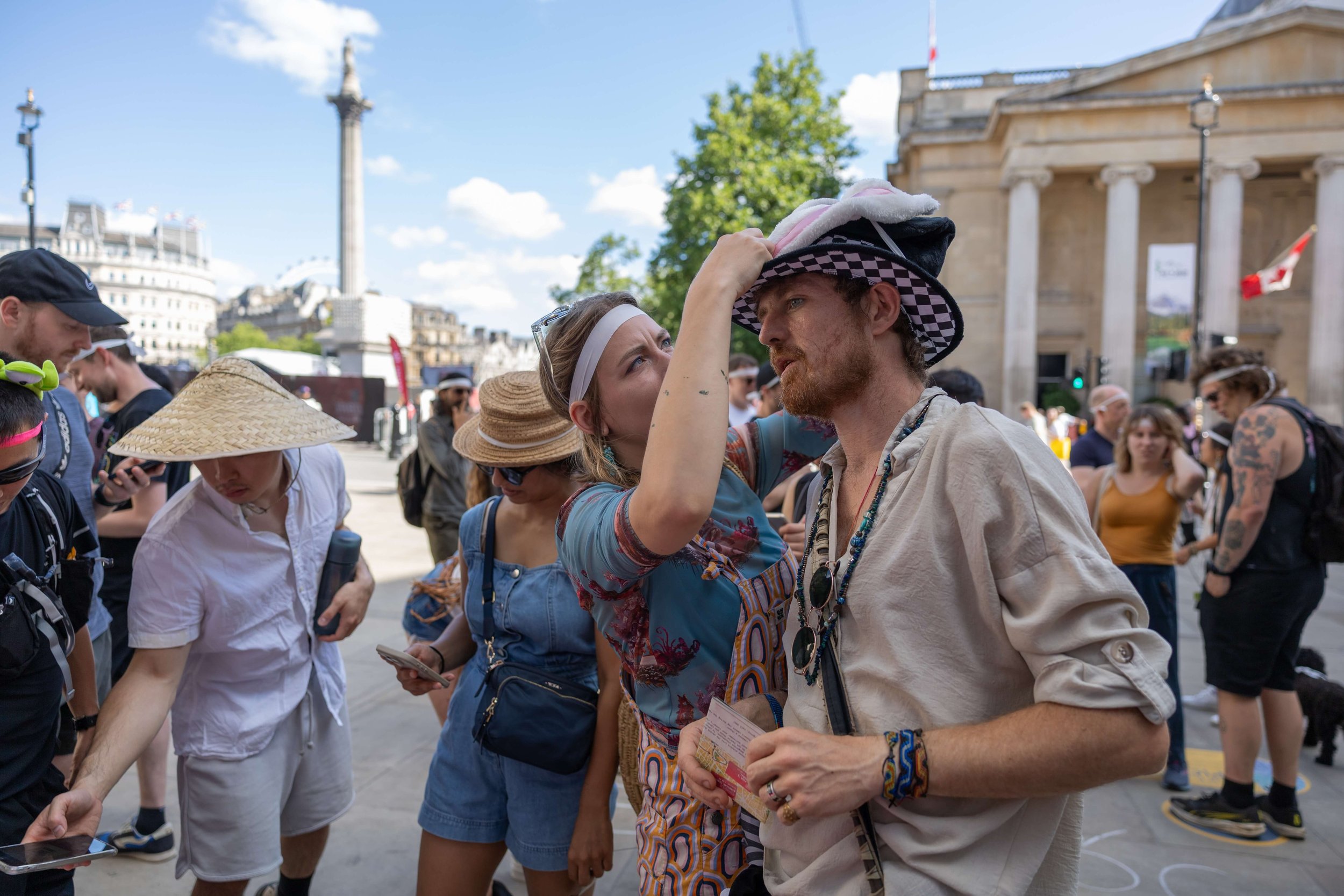 London Journey until the End of the Night participants getting ready in Trafalgar Square in central London.