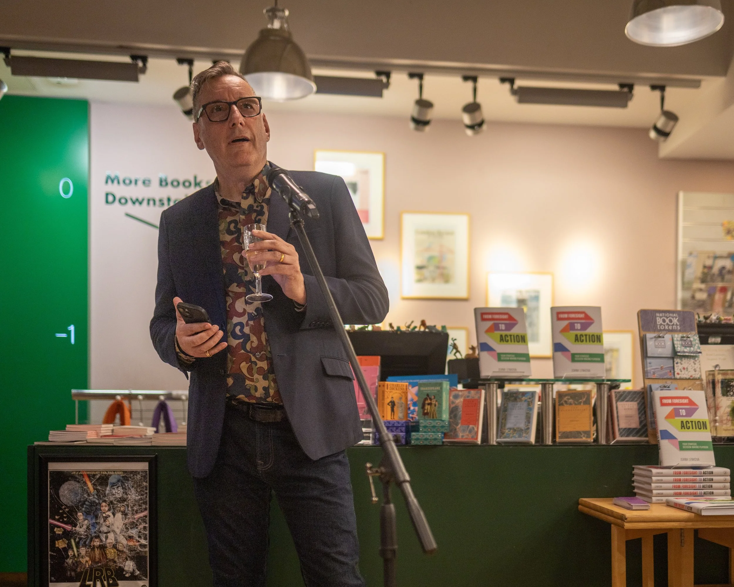 Publisher speaking at the launch of the 'From Foresight to Action' book at the London Review Bookshop.