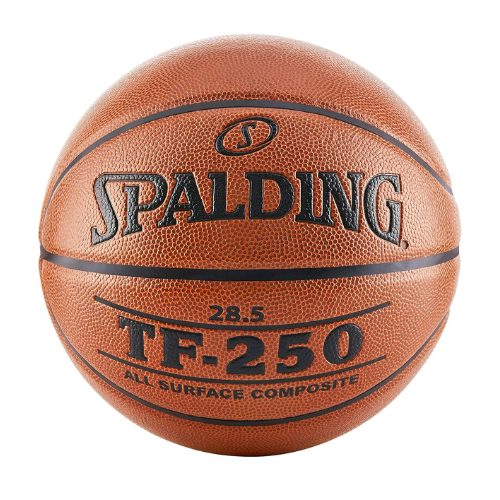 Close-up of a Spalding basketball with the model TF-250, size 28.5, all surface composite.
