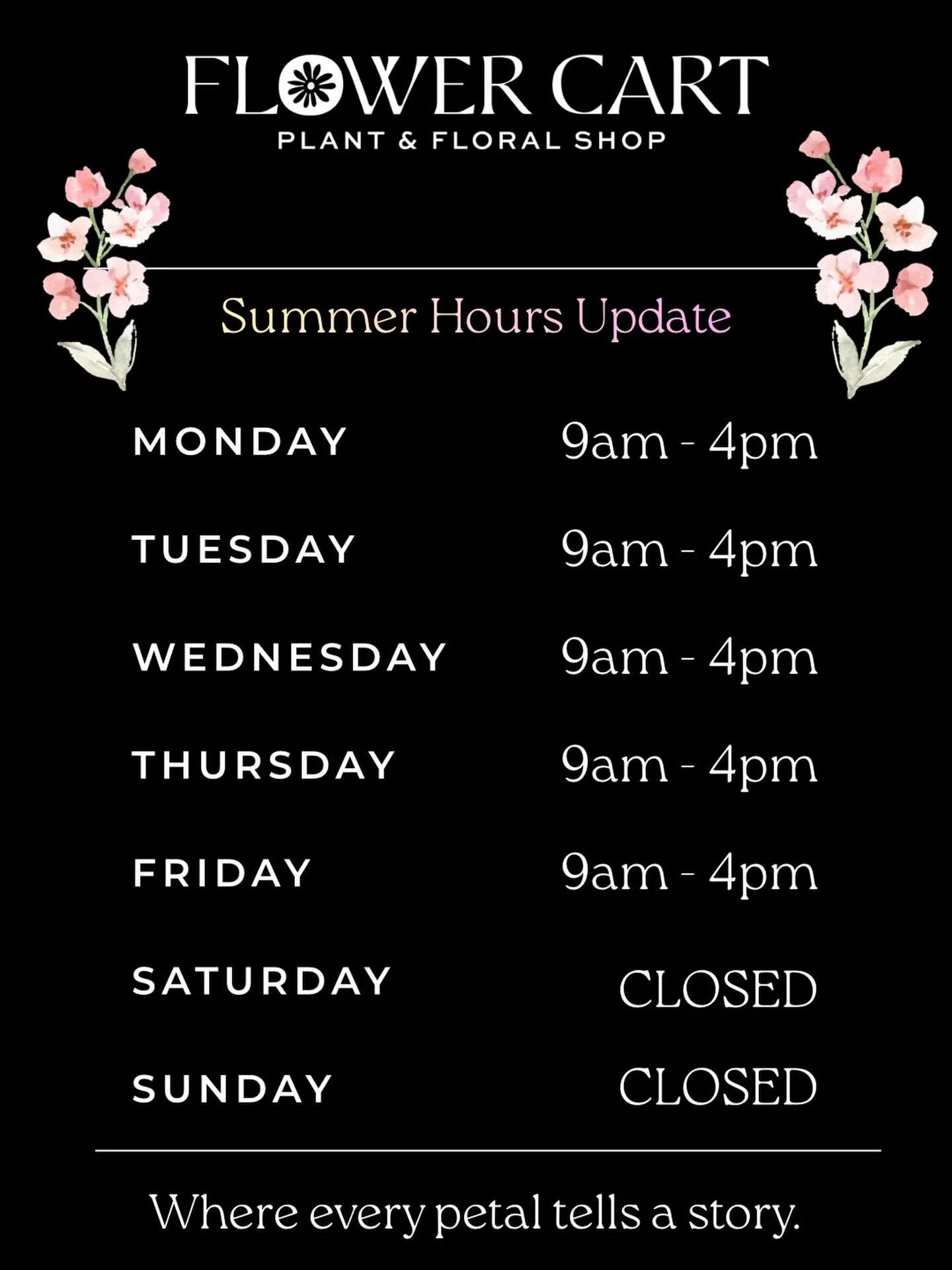 ⏱️New S U M M E R Hours⏱️

Please note: We will be closed on Saturdays &amp; Sundays the months of June-August.  We will be available by appointment on Saturday if schedules permit.😊

Thank you for your understanding in advance. We cherish these sum