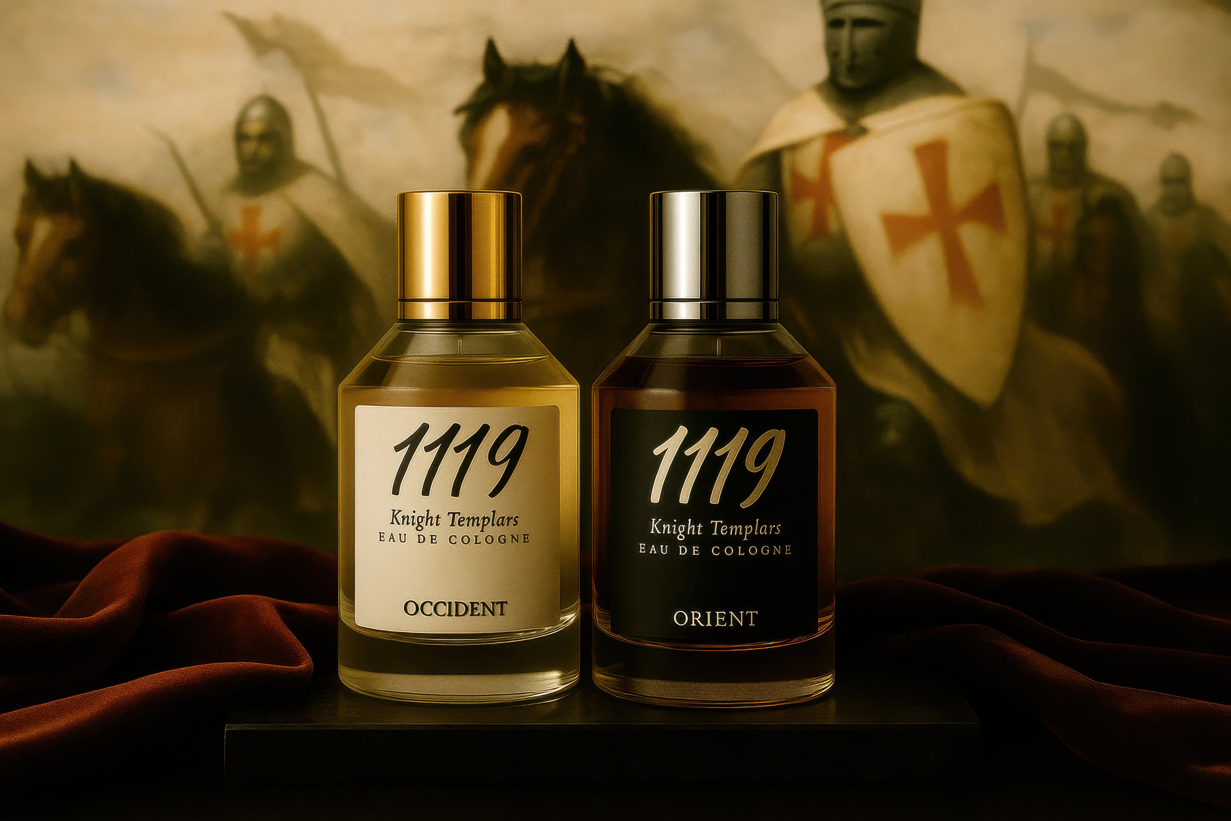 Two bottles of Knights Templars Eau de Cologne, one labeled 'OCCIDENT' and the other 'ORIENT,' placed on a dark surface with burgundy fabric, with a historical painting of knights and a knight in armor in the background.