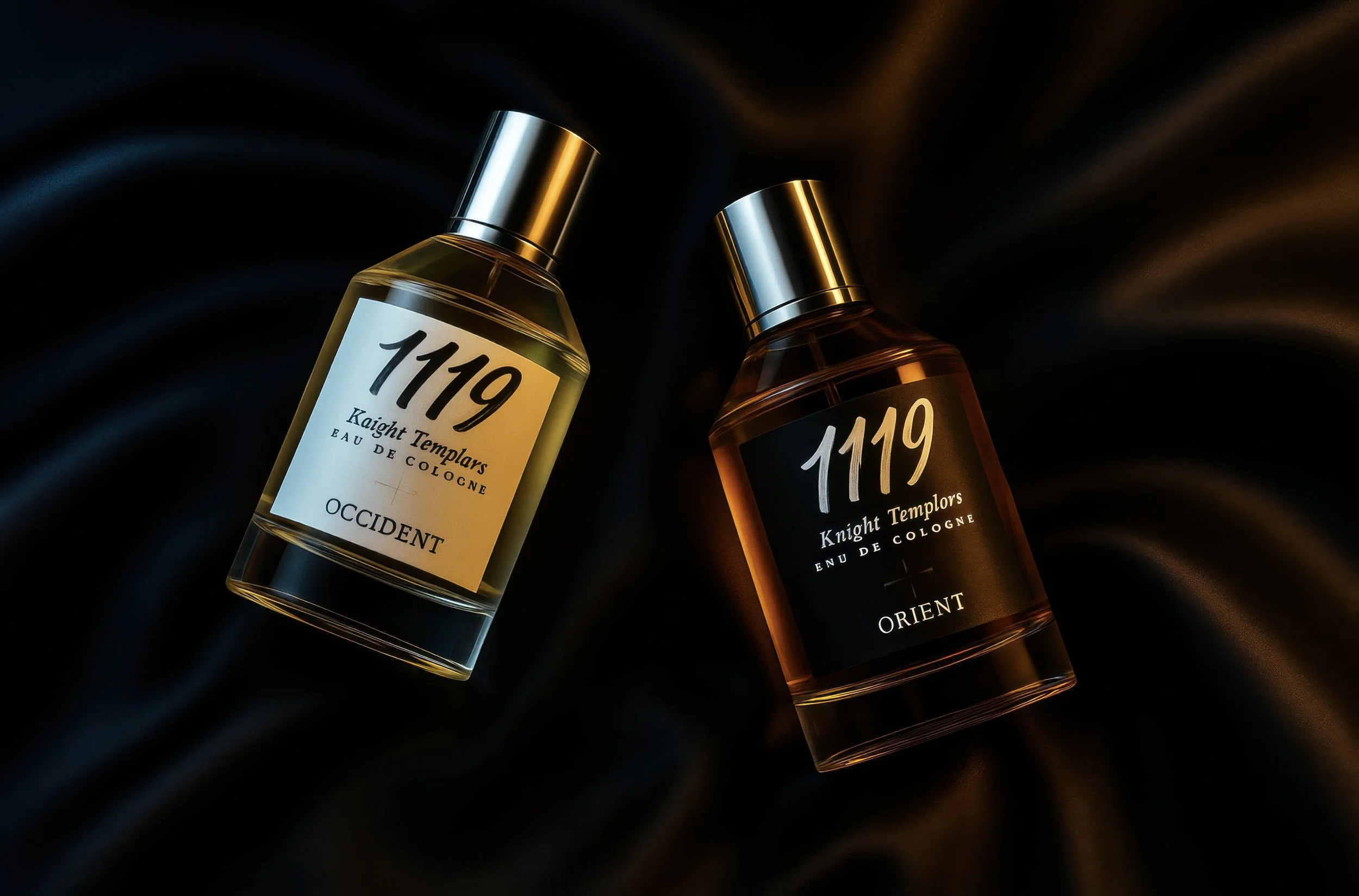 Two bottles of cologne, one labeled 'Occident' and the other labeled 'Orient', both with '1119' on the label and featuring gold atomizers, positioned on a black satin background.