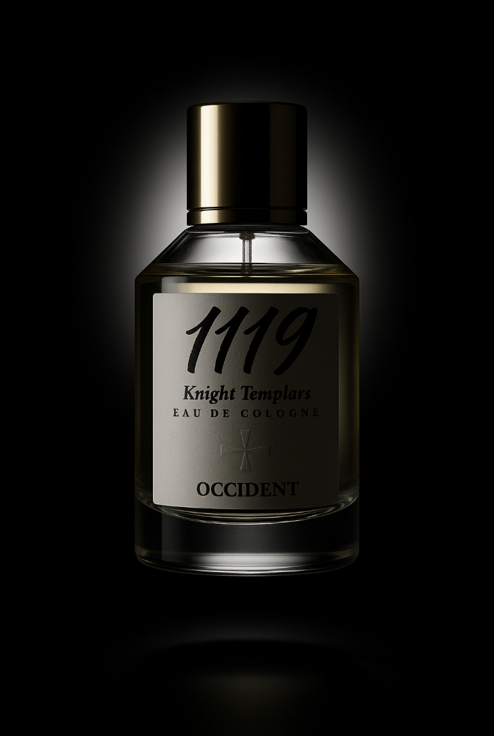 A bottle of cologne labeled '1119 Knight Templars Eau de Cologne' by Occidental, featuring a black and gold cap on a dark background with a subtle light reflection.