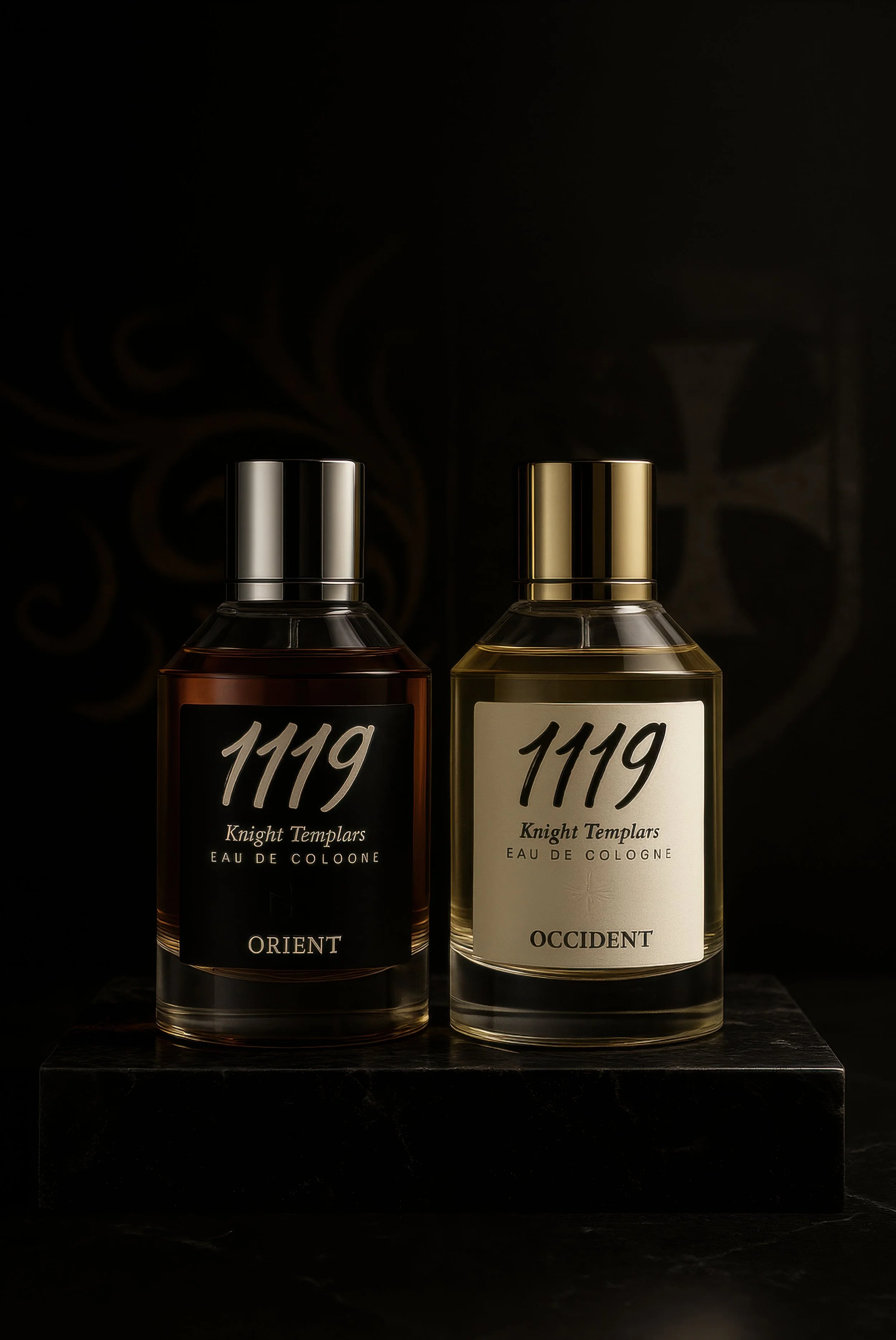 Two bottles of cologne, one labeled 'ORIENT' and the other 'OCCIDENT,' both with the number '1119' and 'Knight Templars' on the black and white labels respectively, placed on a dark surface against a black background.
