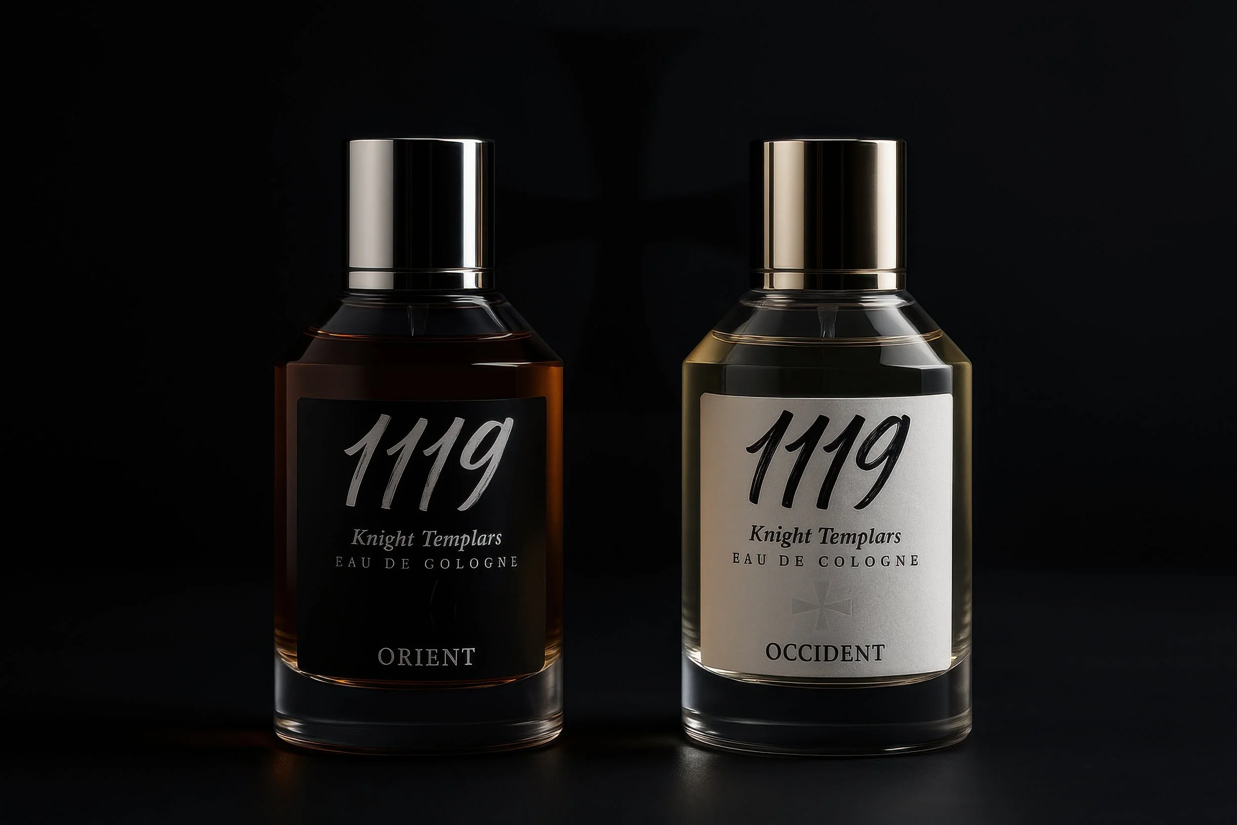Two bottles of Knight Templars Eau de Cologne, one labeled 'ORIENT' and the other 'OCCIDENT', with dark backgrounds and metallic caps.