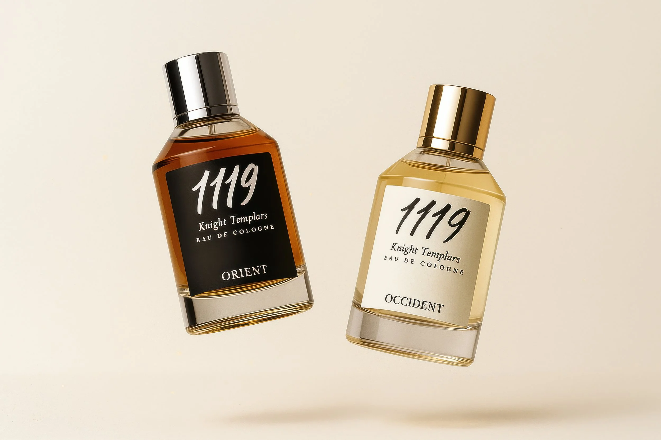 Two bottles of cologne, one labeled 'Orient' and the other labeled 'Occident', appear to be floating against a light background.