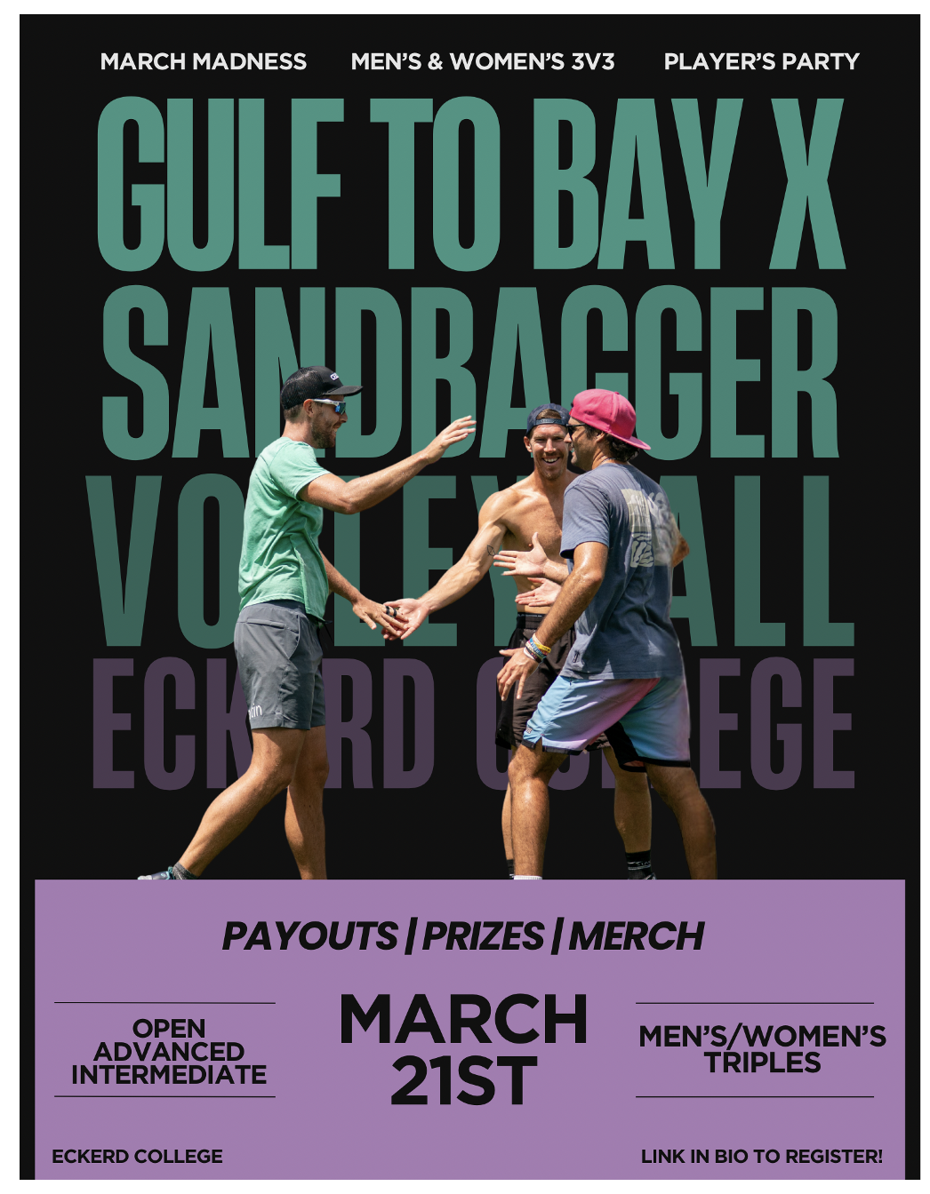 Gulf to Bay Sandbagger grass volleyball tournament at Eckerd College in St. Petersburg, Florida during spring break