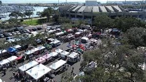 Aerial view of the Saturday Morning Market near Al Lang Stadium in downtown St. Petersburg, Florida during Memorial Day weekend.