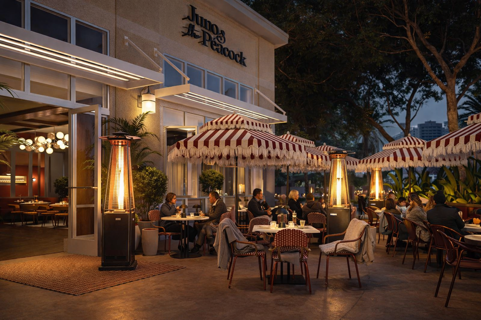 Outdoor dining at Juno & the Peacock in downtown St. Petersburg with patio heaters on a winter evening