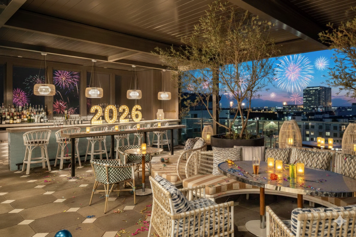 Sparrow rooftop at Moxy St. Petersburg decorated for New Year’s Eve with fireworks over downtown and 2026 celebration setup