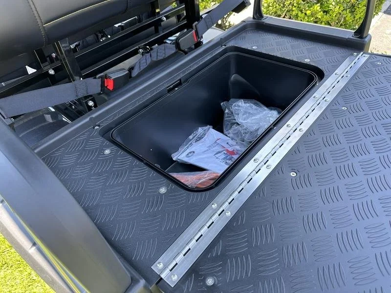Open rear flip seat frame showing the under seat storage area on Boo’s six person golf cart.