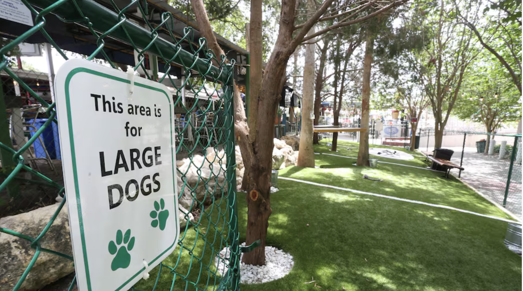 Dog park area at Ferg’s Sports Bar in St. Petersburg, Florida, with a fenced section for large dogs and shaded trees.