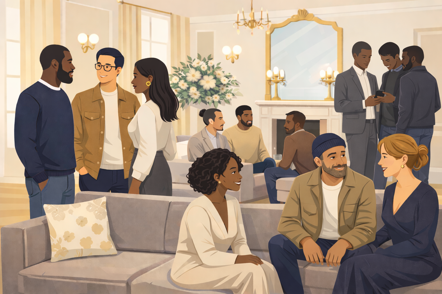 Illustration montrant des personnes réunies dans le ssalon du château d'Hardricourt