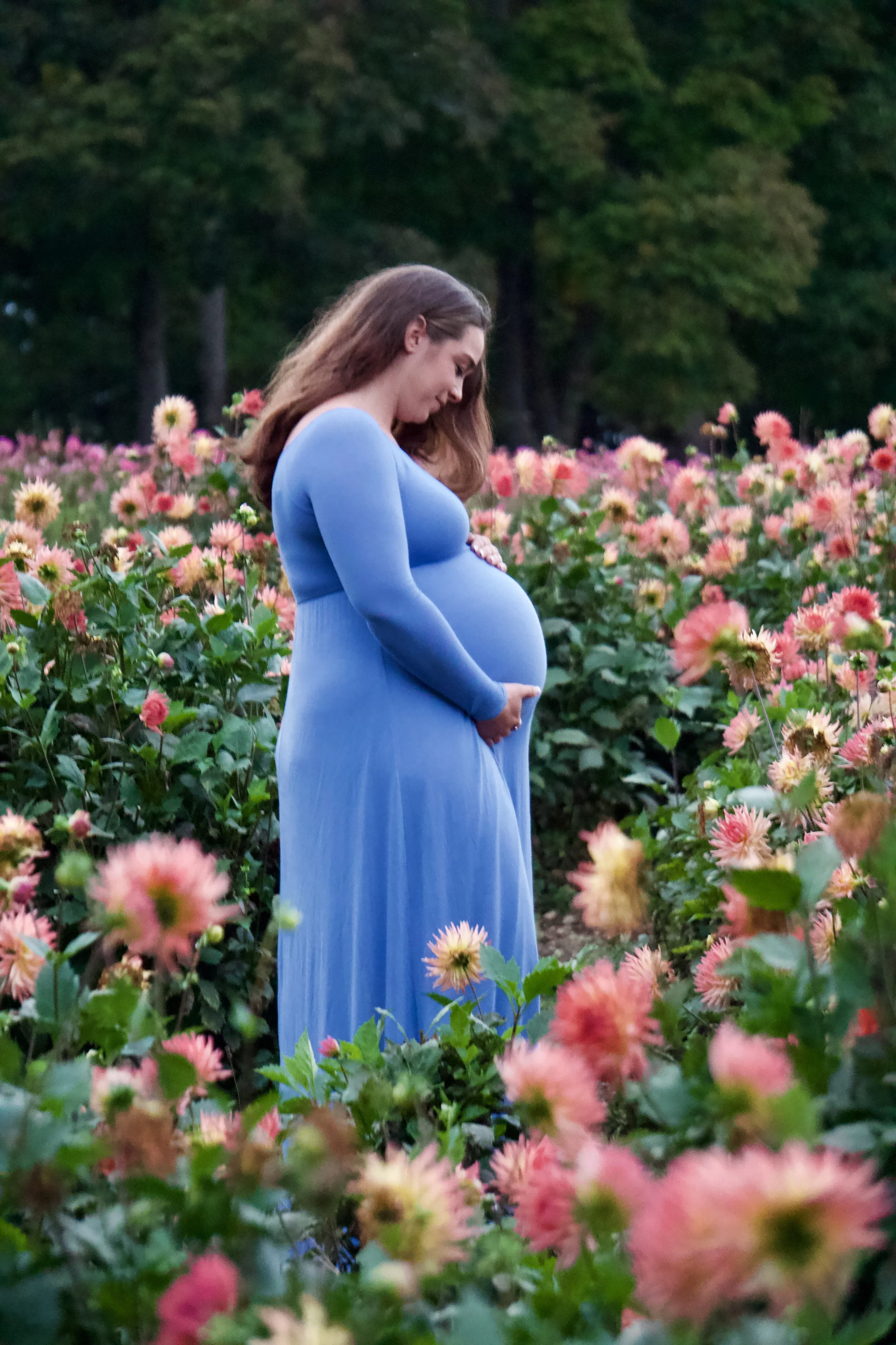 Pregnant woman in a field of flowers