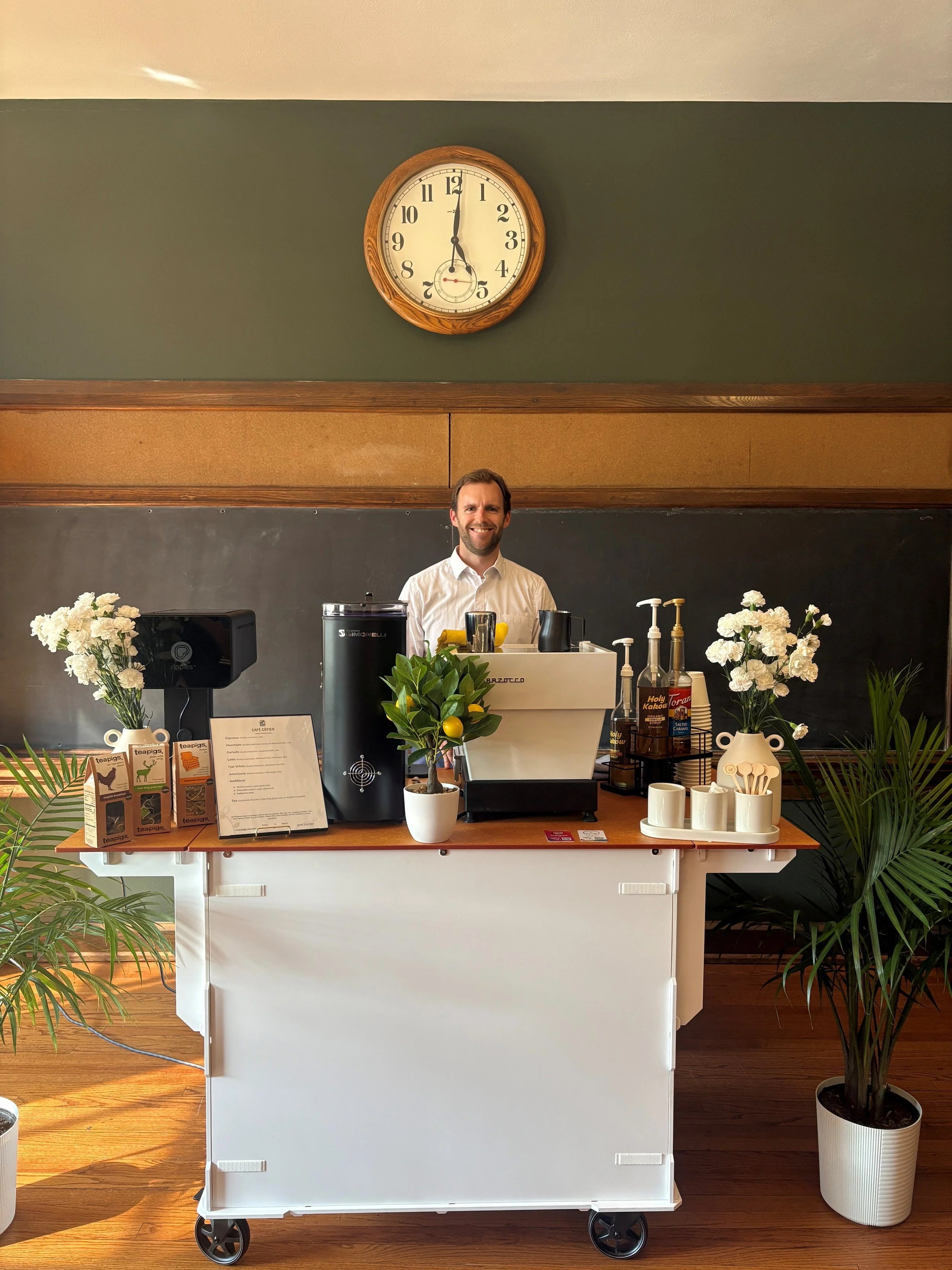 Whether its cocktail hour at a historic boarding school turned wedding venue or teacher appreciation week at a modern elementary school, Cafe Cotier coffee catering is sure to elevate the space