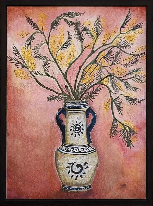Painting of a large ceramic vase with blue handles and decorative designs, filled with yellow flowering branches, set against a pink background.