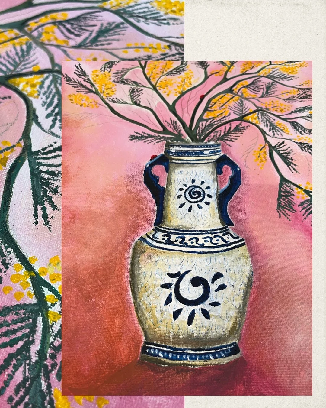 A painting of a decorative vase with a black, white, and gold pattern, holding a plant with pink and yellow flowers, set against a pink background.