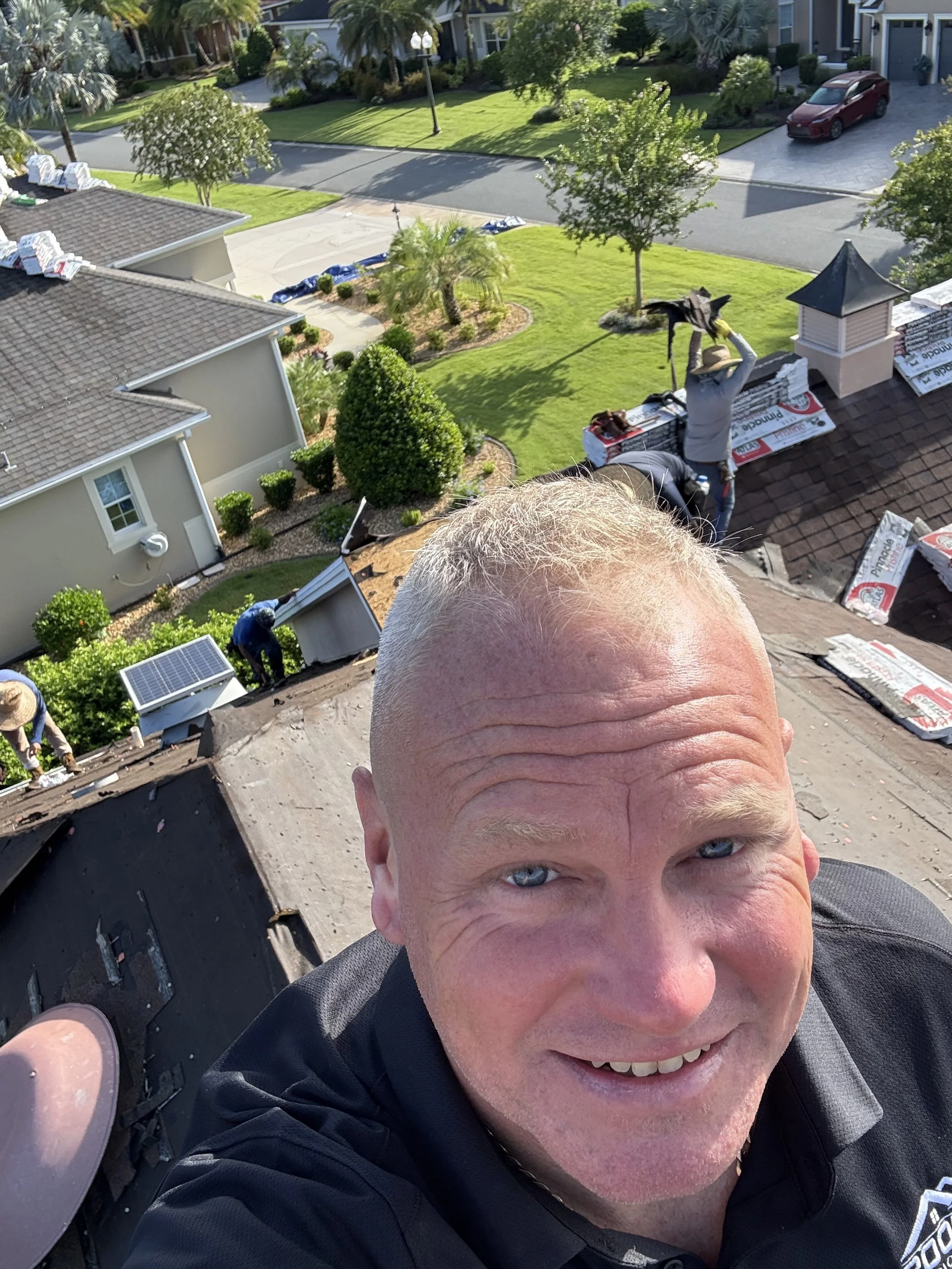 “In-progress shingle roof replacement on a home in The Villages, Florida”