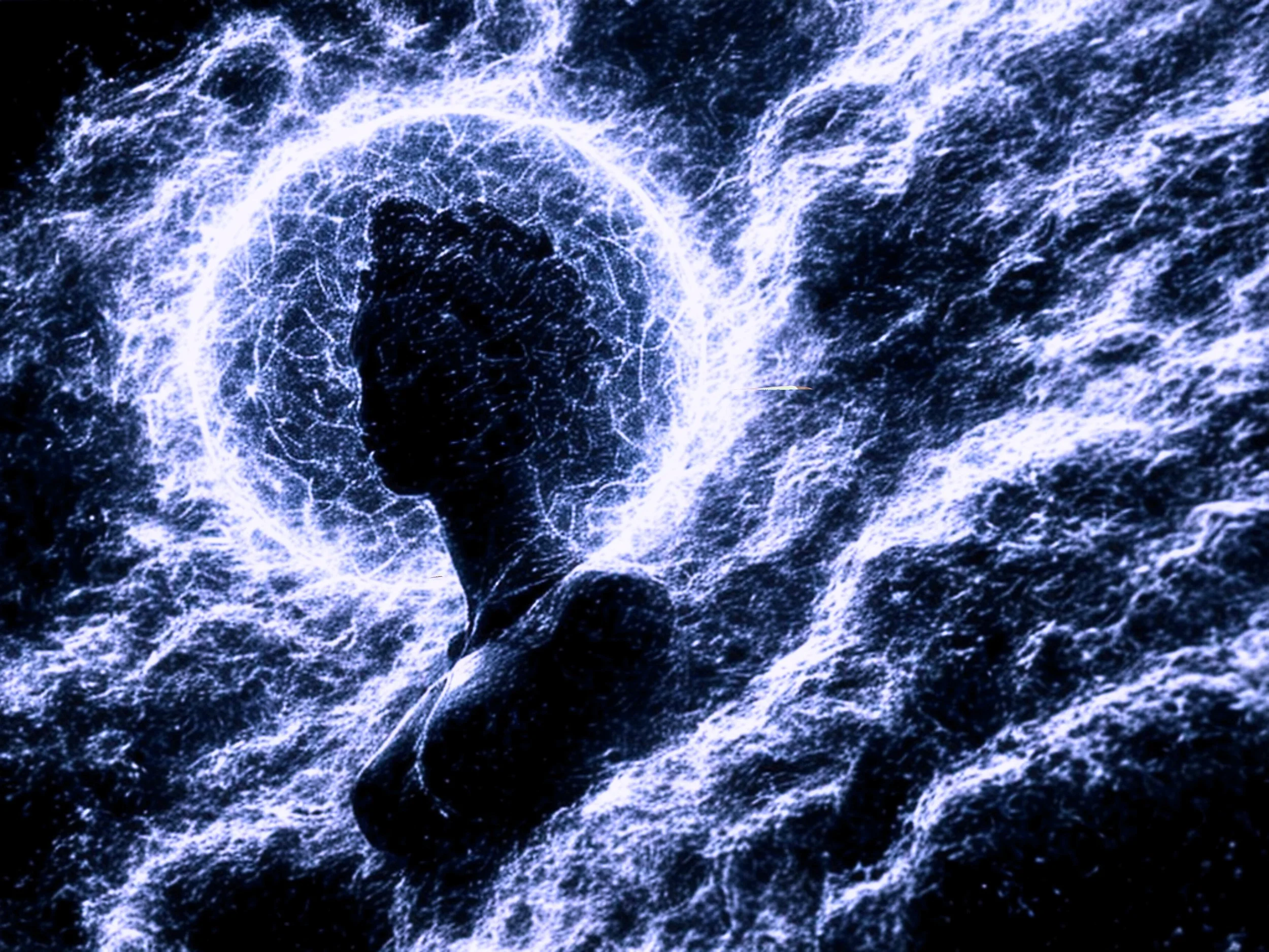 A silhouette of a person standing in water, surrounded by glowing, neural network-like light patterns and a circular halo of light.