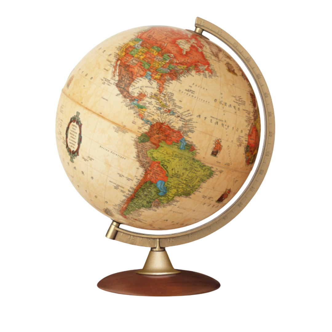 Wereldbol met kaarten van Amerika en de omliggende regio's.