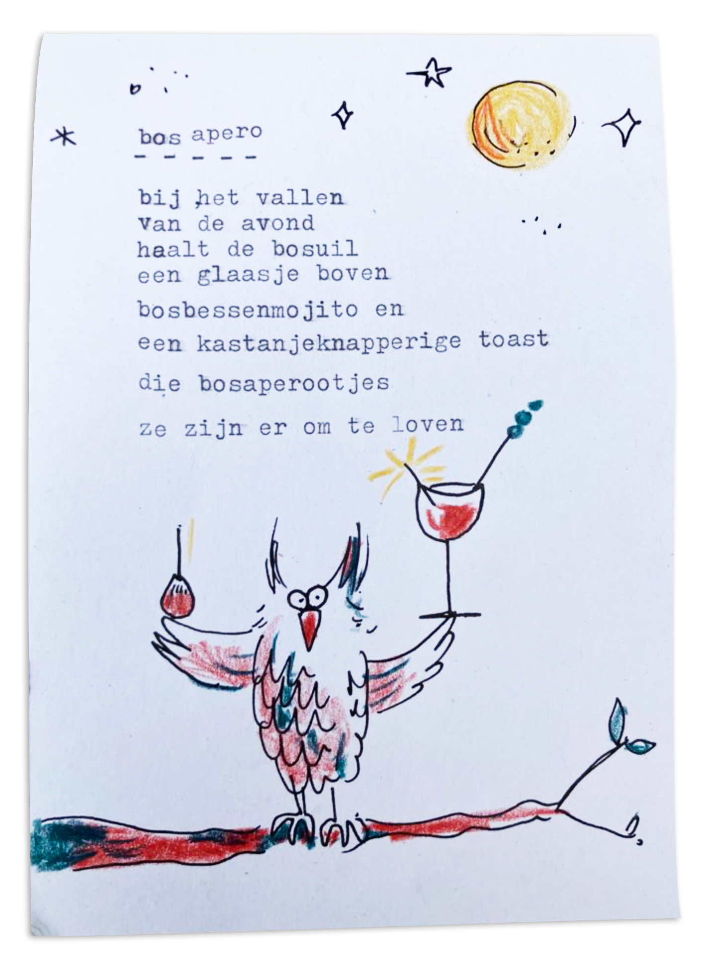 Een creatieve schets met gedicht over bos aperitief met een getekende uil die een glas wijn vasthoudt, een maan en sterren boven, en kleine illustraties van een drankje en een plant.