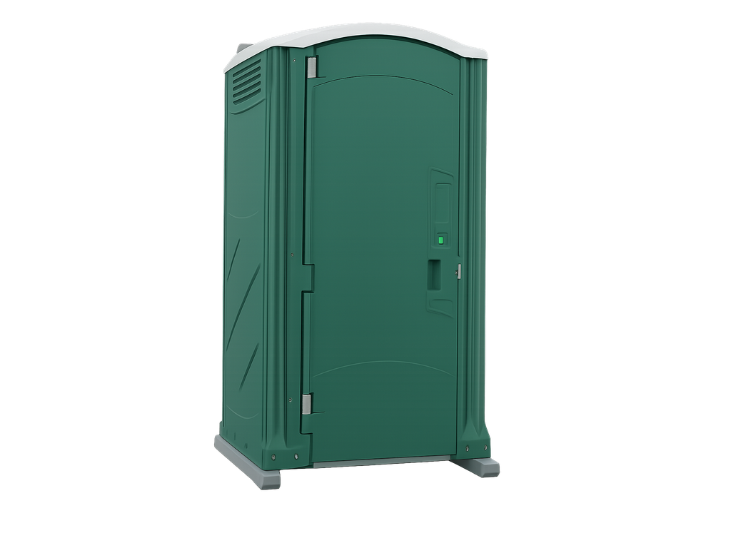 Green portable toilet with a closed door and a small ventilation panel near the top.