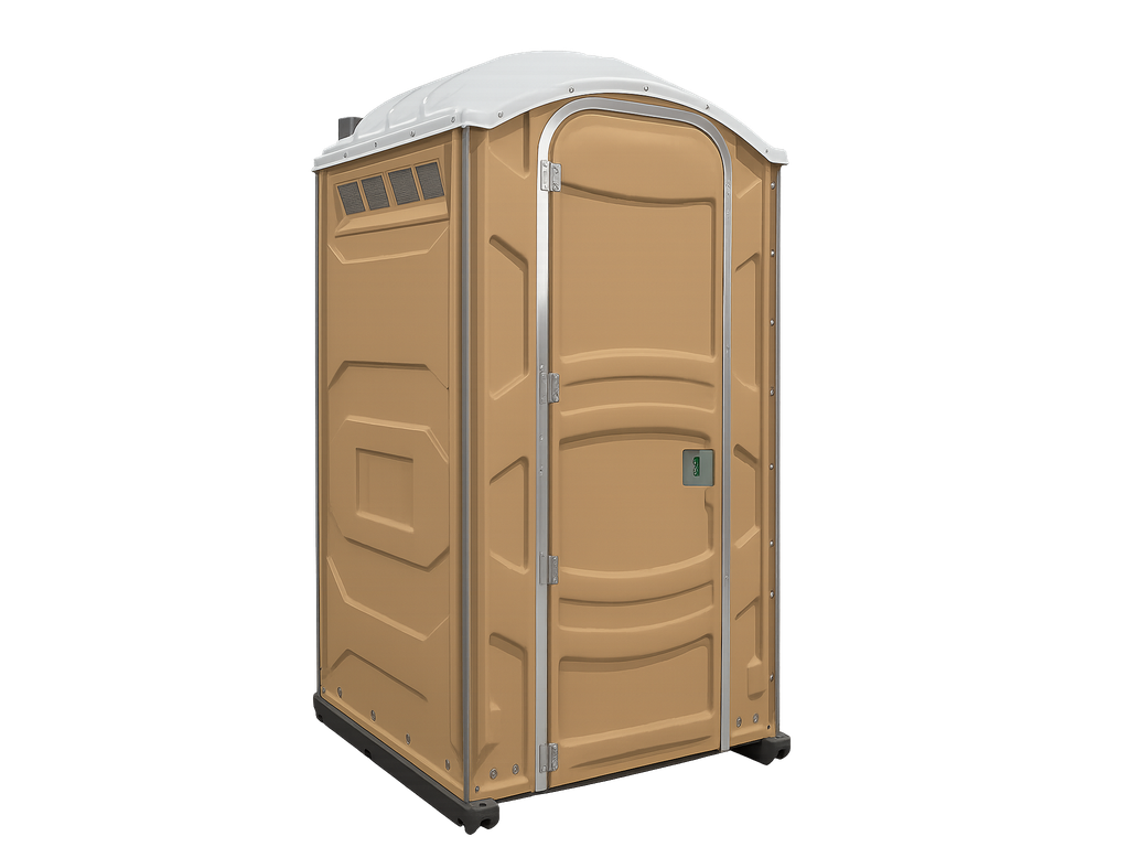 A portable beige camping toilet outside on a white background.