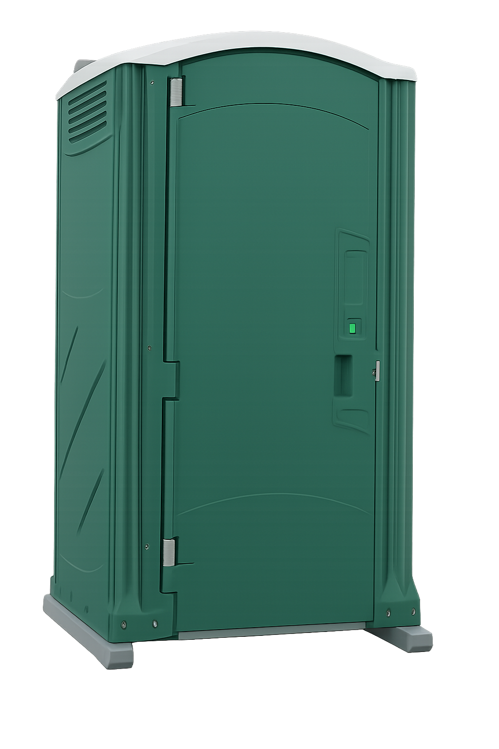 A green portable toilet with a curved roof and ventilation vents on the side.
