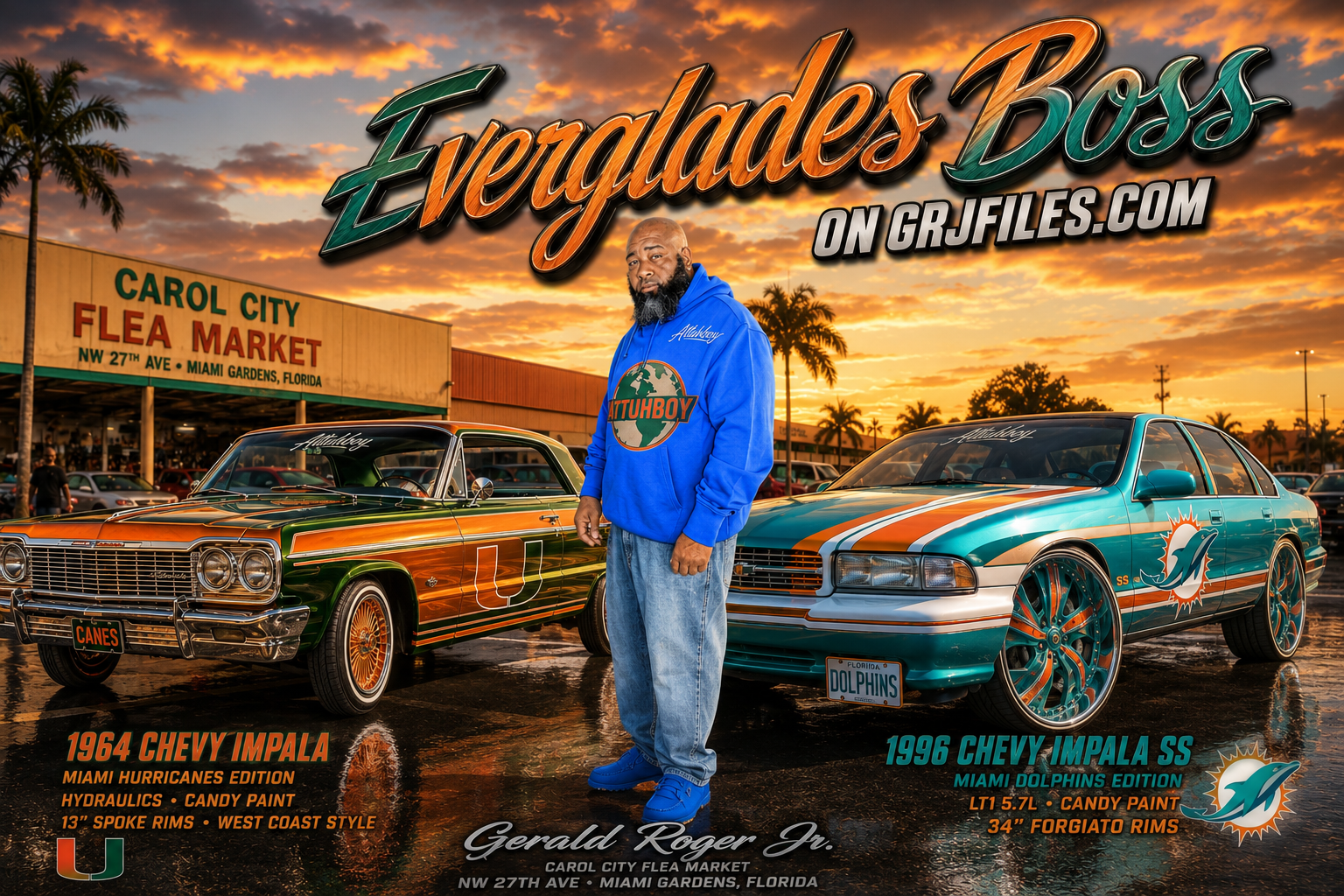 A promotional poster for Everglades Boss on grjfiles.com features a man in a blue hoodie with Miami Dolphins and Attuhboy logos, standing between two customized Chevy Impalas at a Miami flea market at sunset. The left car is a 1964 Chevy Impala Miami Hurricanes Edition with green and orange candy paint, 13-inch spoke rims, and hydraulics. The right car is a 1996 Chevy Impala SS Miami Dolphins Edition with teal and orange candy paint, 34-inch Forgiato rims, and a Miami Dolphins logo on the side.